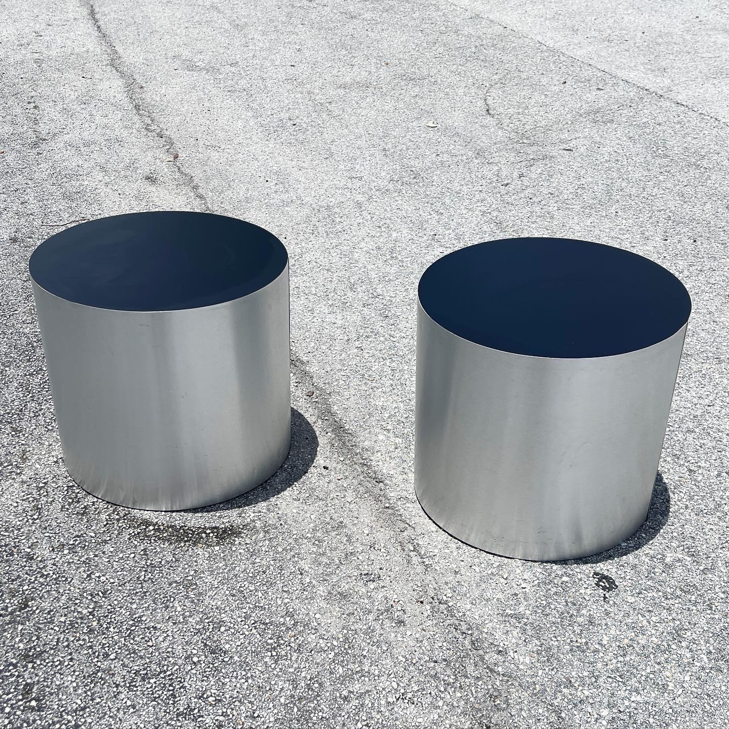 Post-Modern Postmodern Silver and Black Cylindrical Drum Side Tables, a Pair