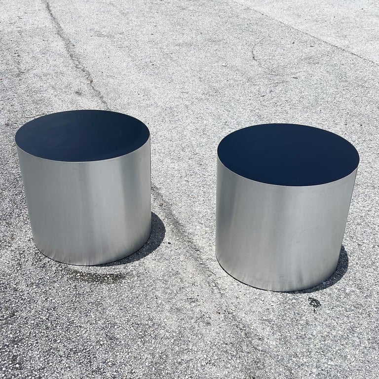 American Postmodern Silver and Black Cylindrical Drum Side Tables, a Pair For Sale
