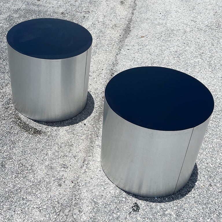 Late 20th Century Postmodern Silver and Black Cylindrical Drum Side Tables, a Pair For Sale