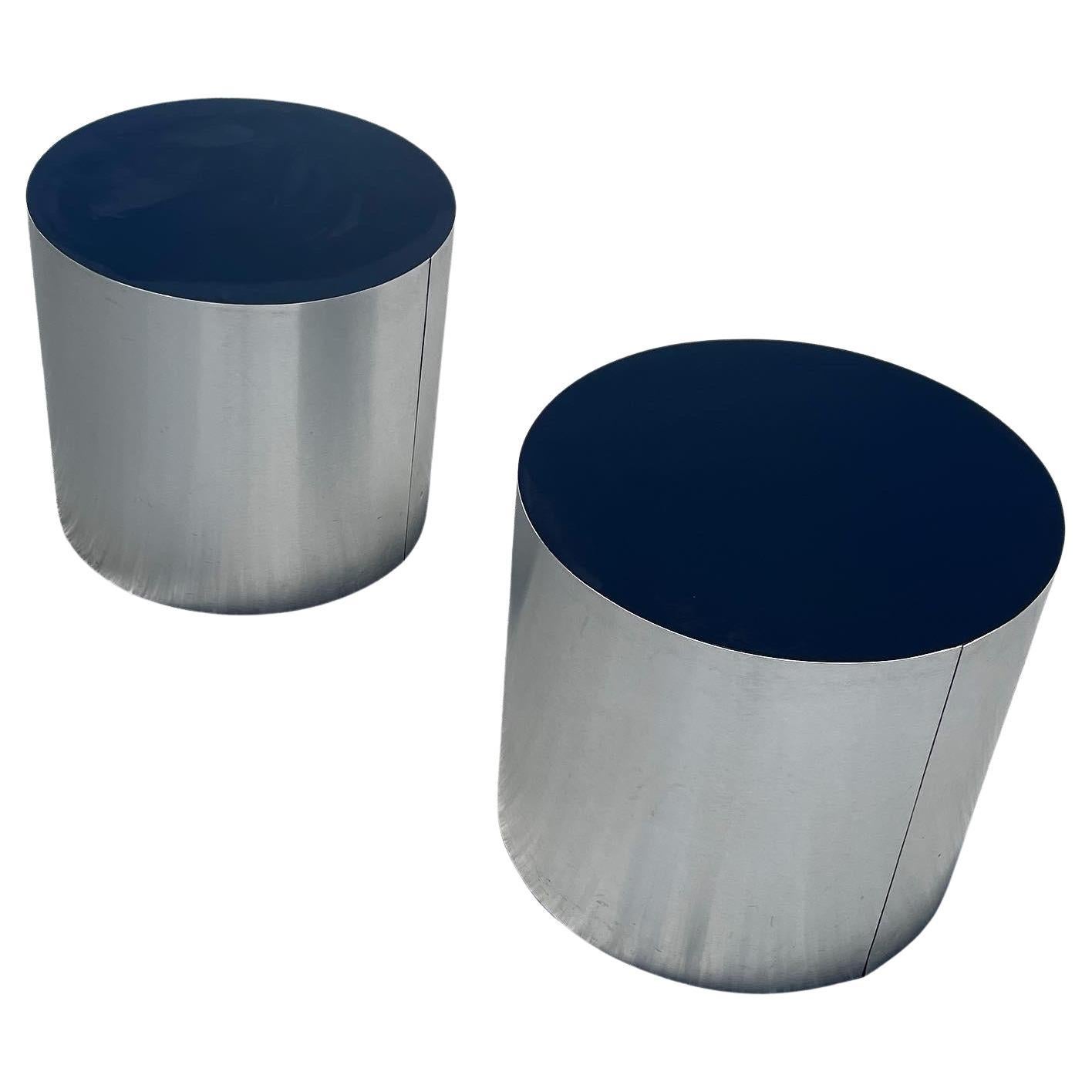 Postmodern Silver and Black Cylindrical Drum Side Tables, a Pair