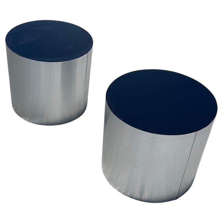 Postmodern Silver and Black Cylindrical Drum Side Tables, a Pair For Sale
