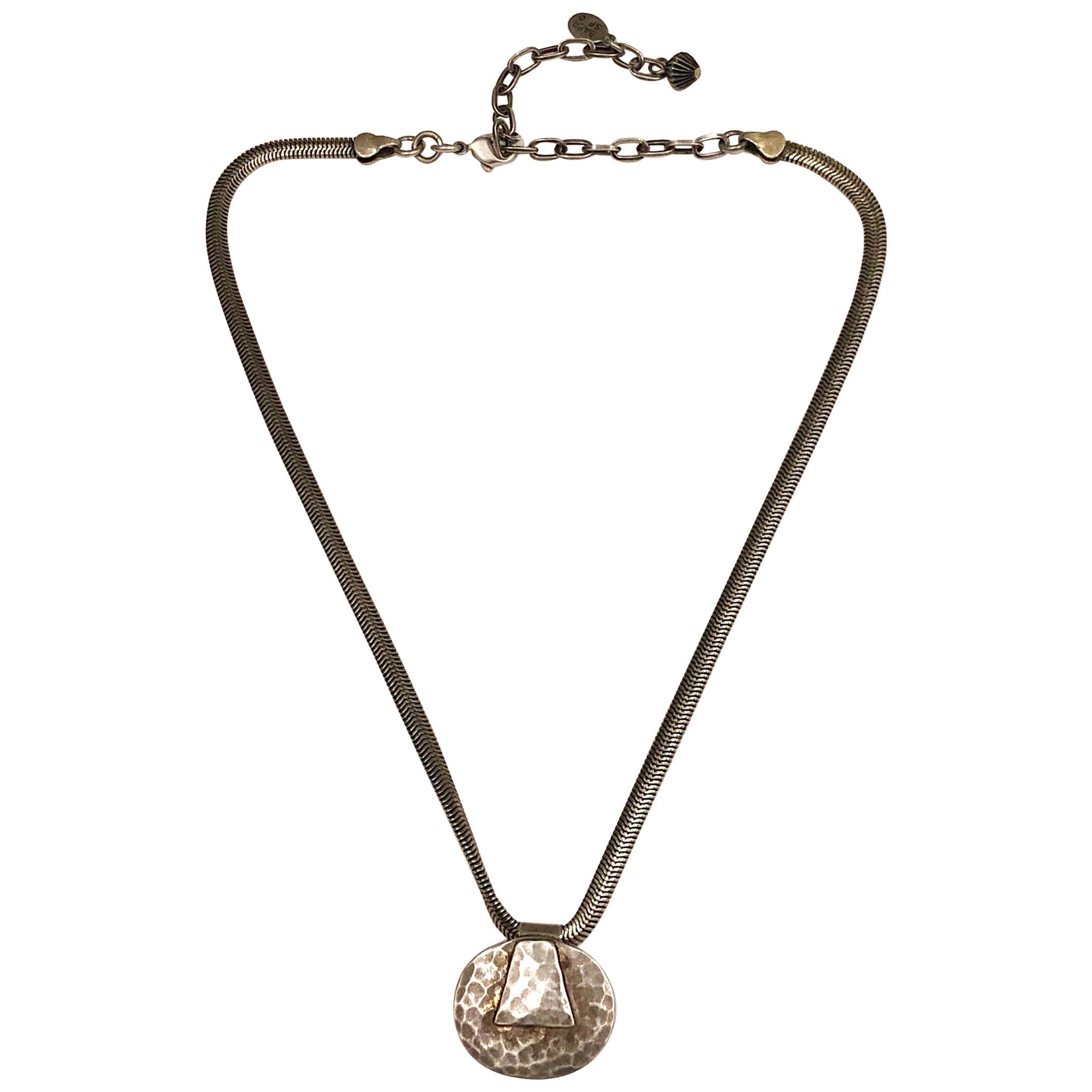 Postmodern Silver Hammered Pendant, Necklace by Marjorie Baer ...