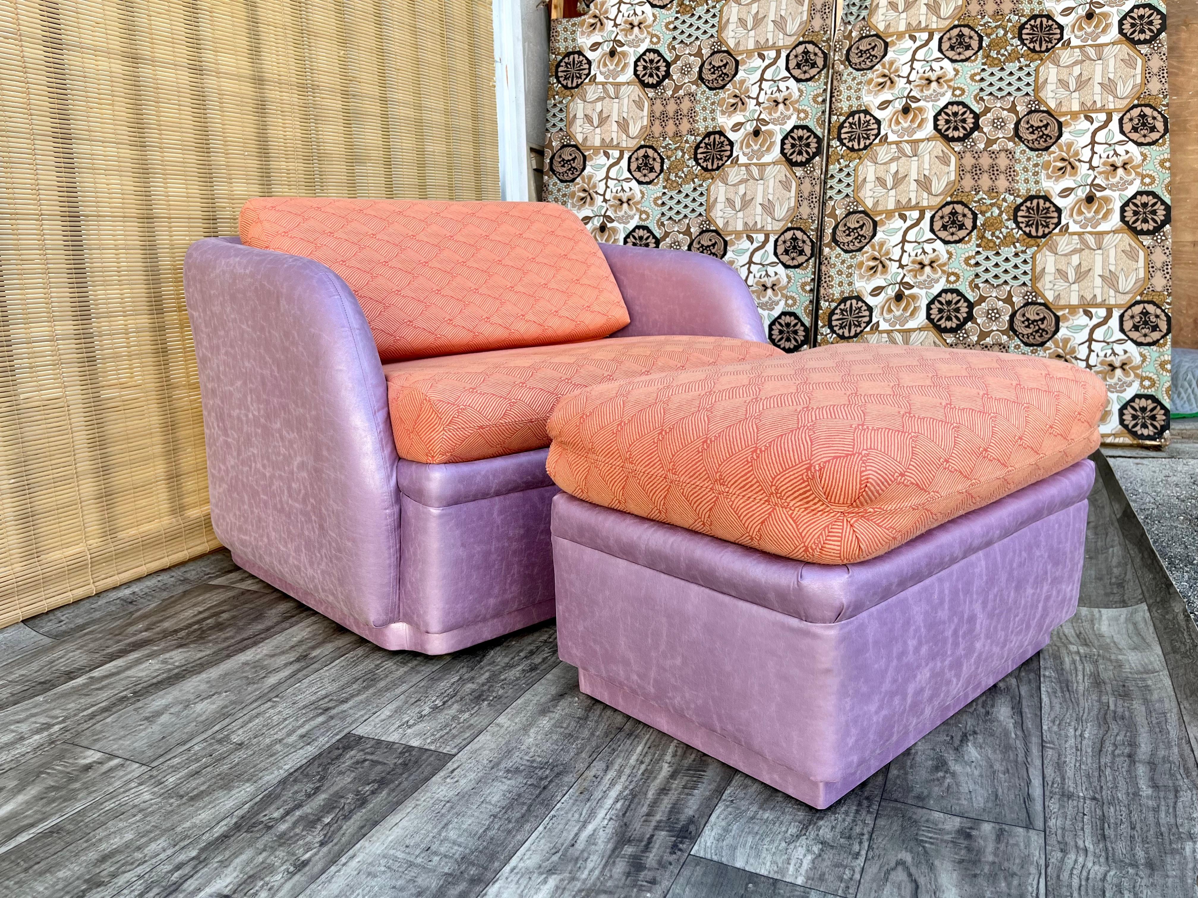 Vintage Postmodern Sleeper Lounge Chair and Ottoman by Thayer Coggin Institutional. Circa 1980s
The Lounge chair features a pull out bed and light purple micro suede like upholstery with a contrasting textured Burt orange removable cushions. 
The