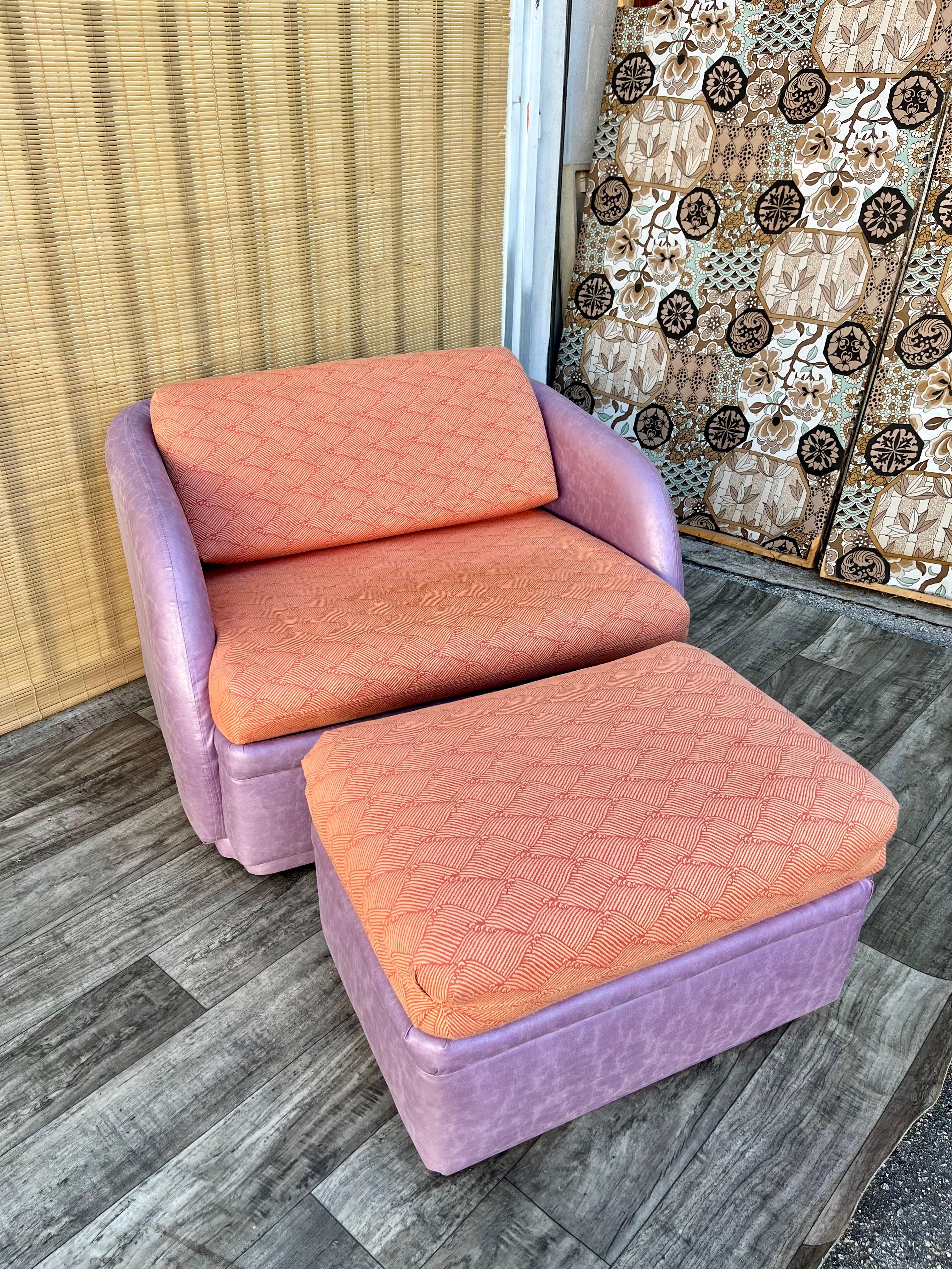 Late 20th Century Postmodern Sleeper Lounge Chair and Ottoman by Thayer Coggin. Circa 1980s 