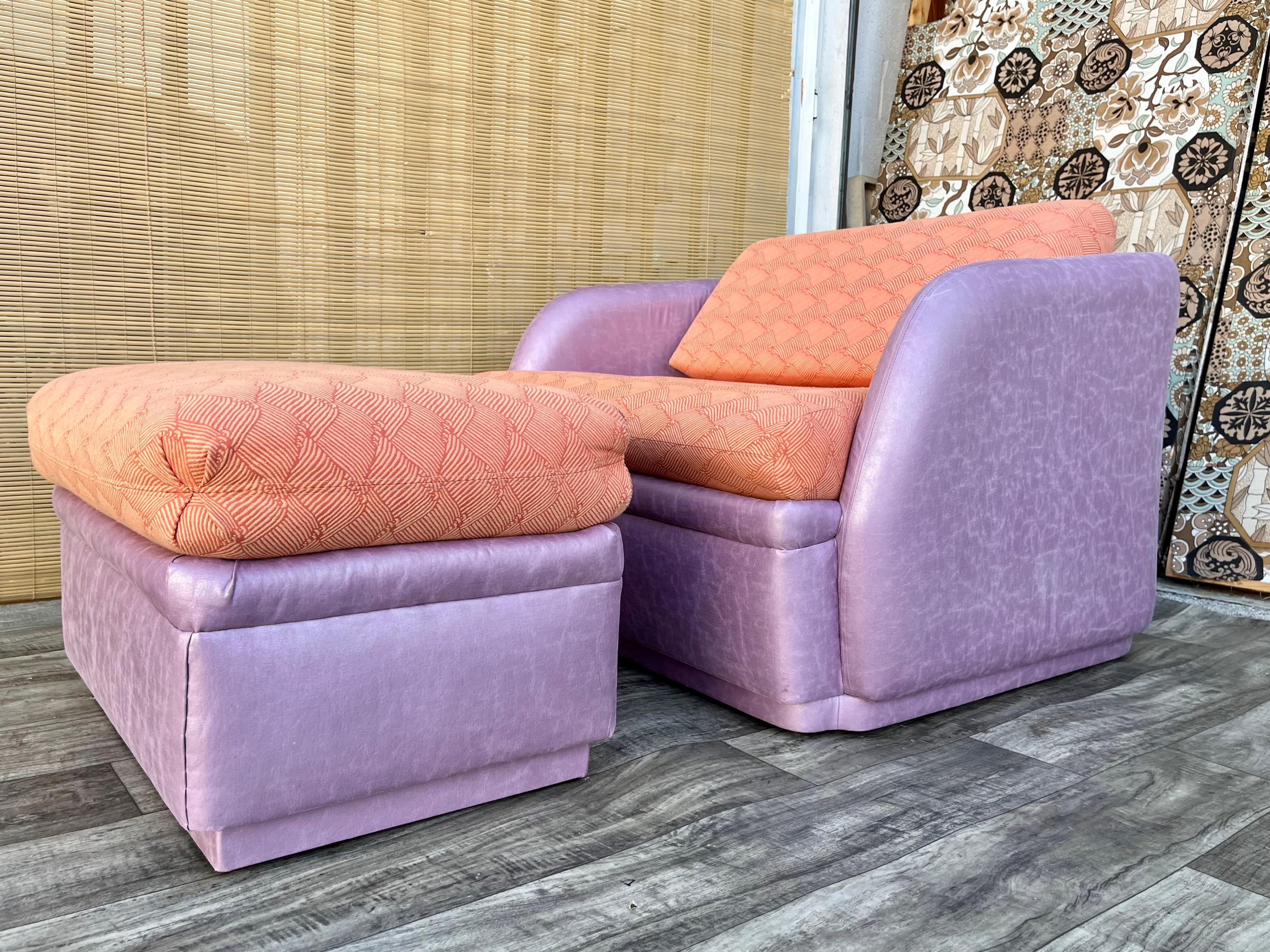 Upholstery Postmodern Sleeper Lounge Chair and Ottoman by Thayer Coggin. Circa 1980s 