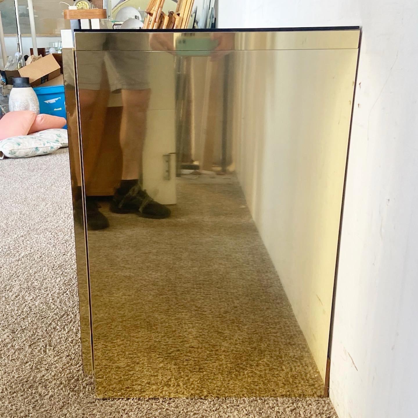 Post-Modern Postmodern Smoked Beveled Mirror and Gold Credenza For Sale
