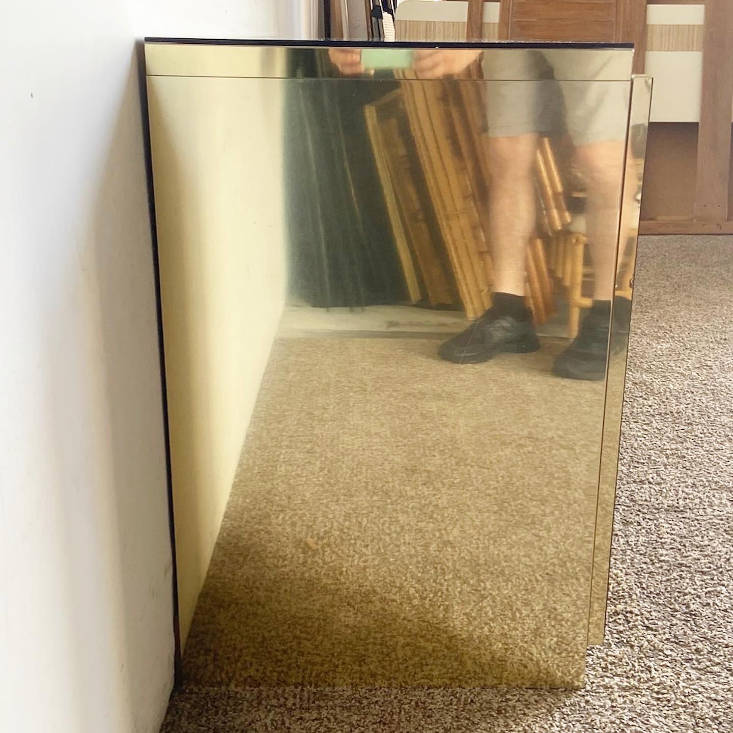 American Postmodern Smoked Beveled Mirror and Gold Credenza For Sale