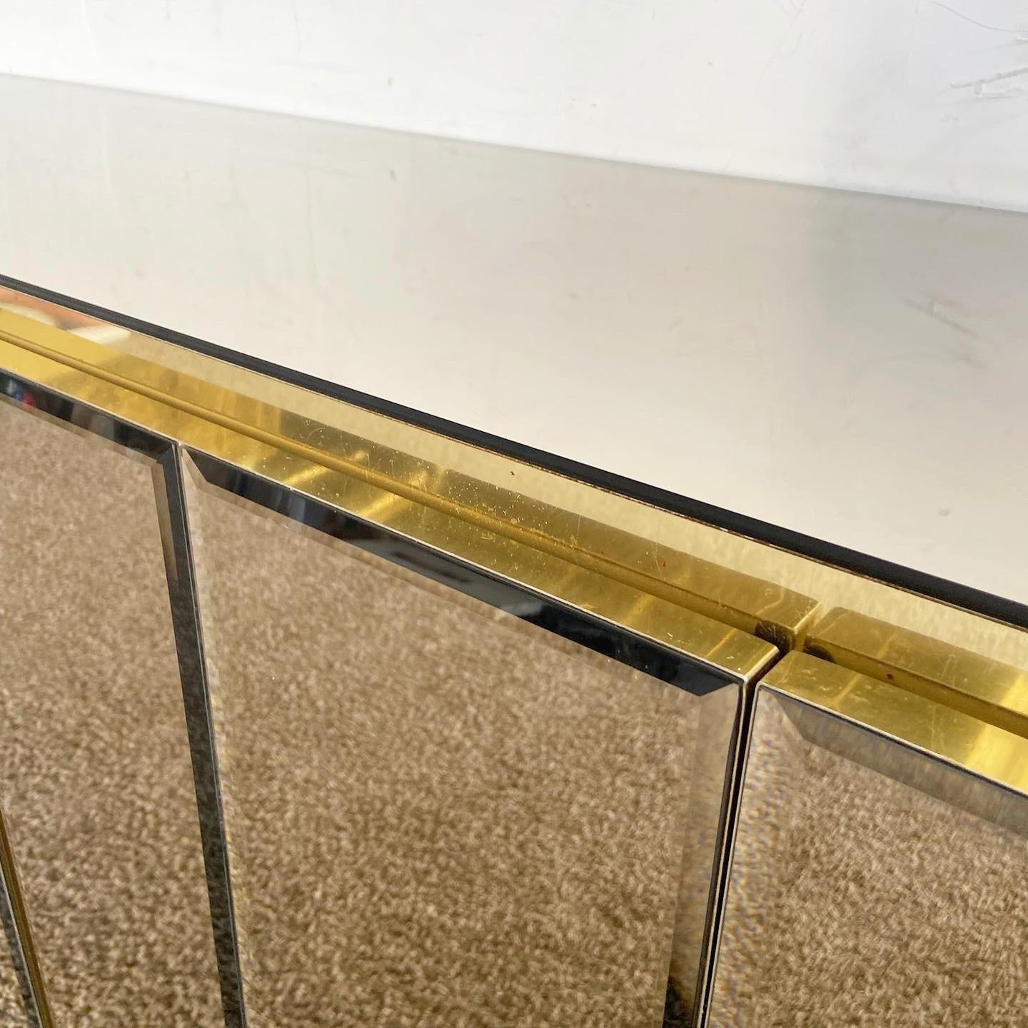 Postmodern Smoked Beveled Mirror and Gold Credenza For Sale 1
