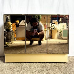 Postmodern Smoked Mirror and Gold Credenza