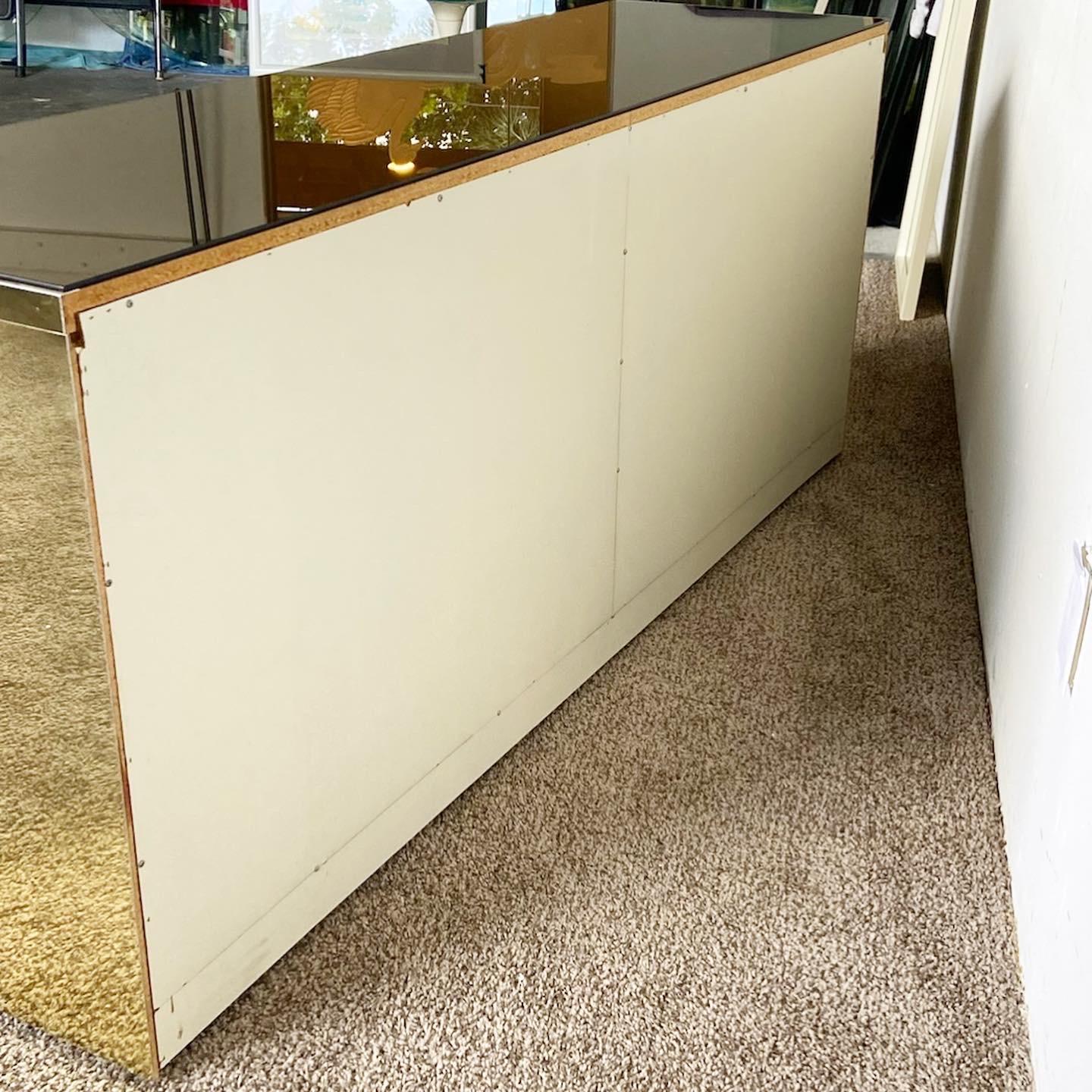 Metal Postmodern Smoked Mirror and Gold Credenza