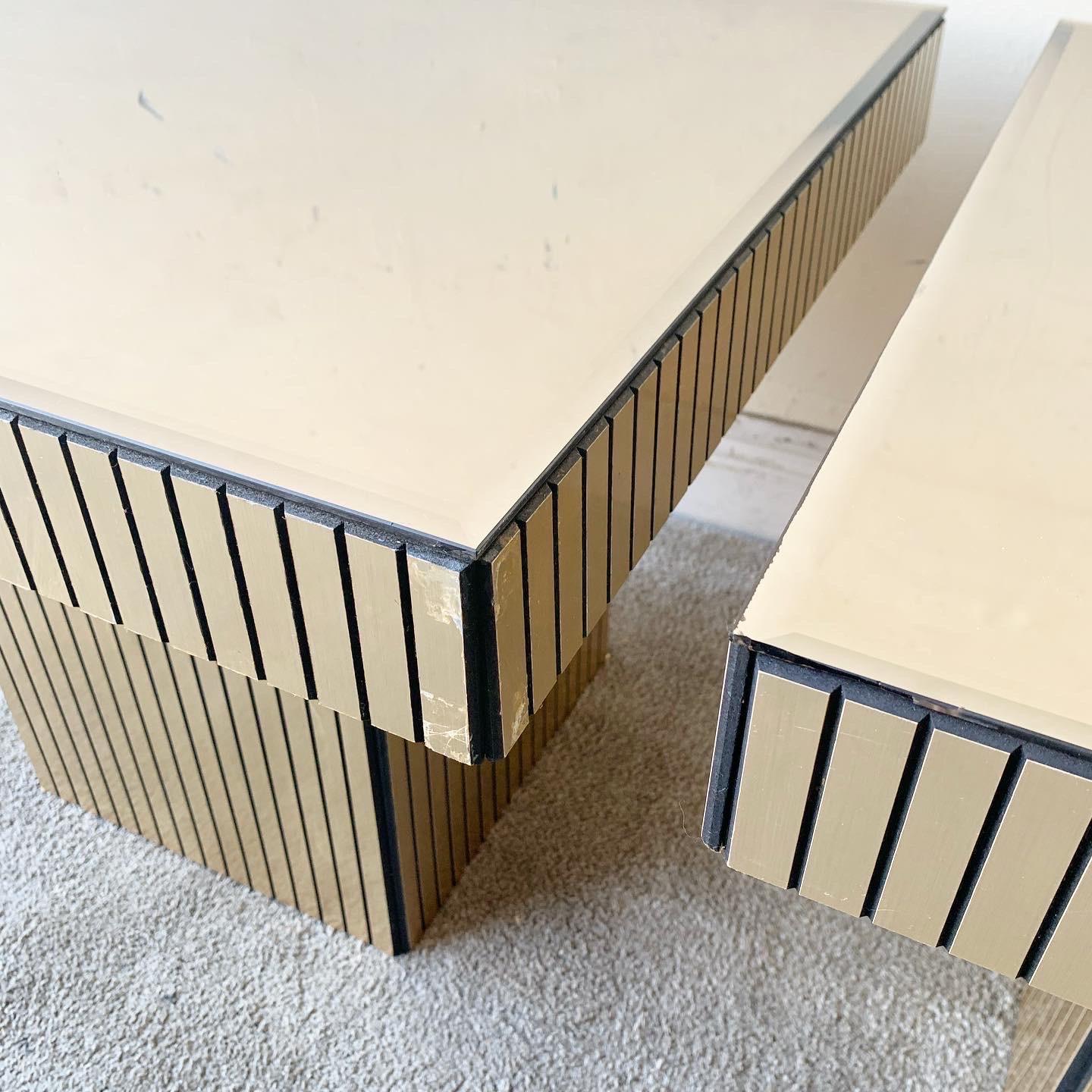 Post-Modern Postmodern Smoked Mirror Top Gold and Barack Stripped Mushroom Side Tables