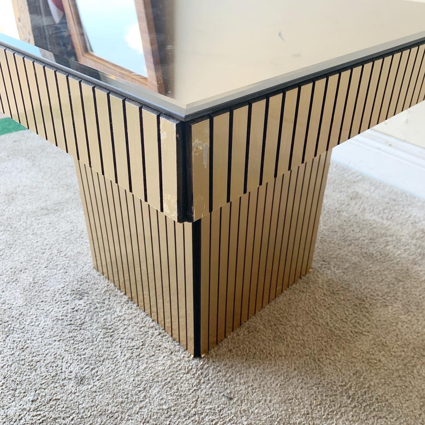 Postmodern Smoked Mirror Top Gold and Barack Stripped Mushroom Side Tables In Good Condition In Delray Beach, FL