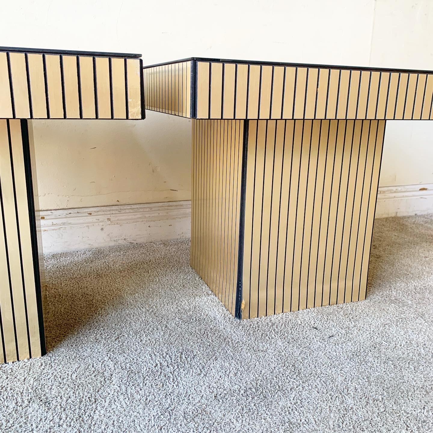 Late 20th Century Postmodern Smoked Mirror Top Gold and Barack Stripped Mushroom Side Tables