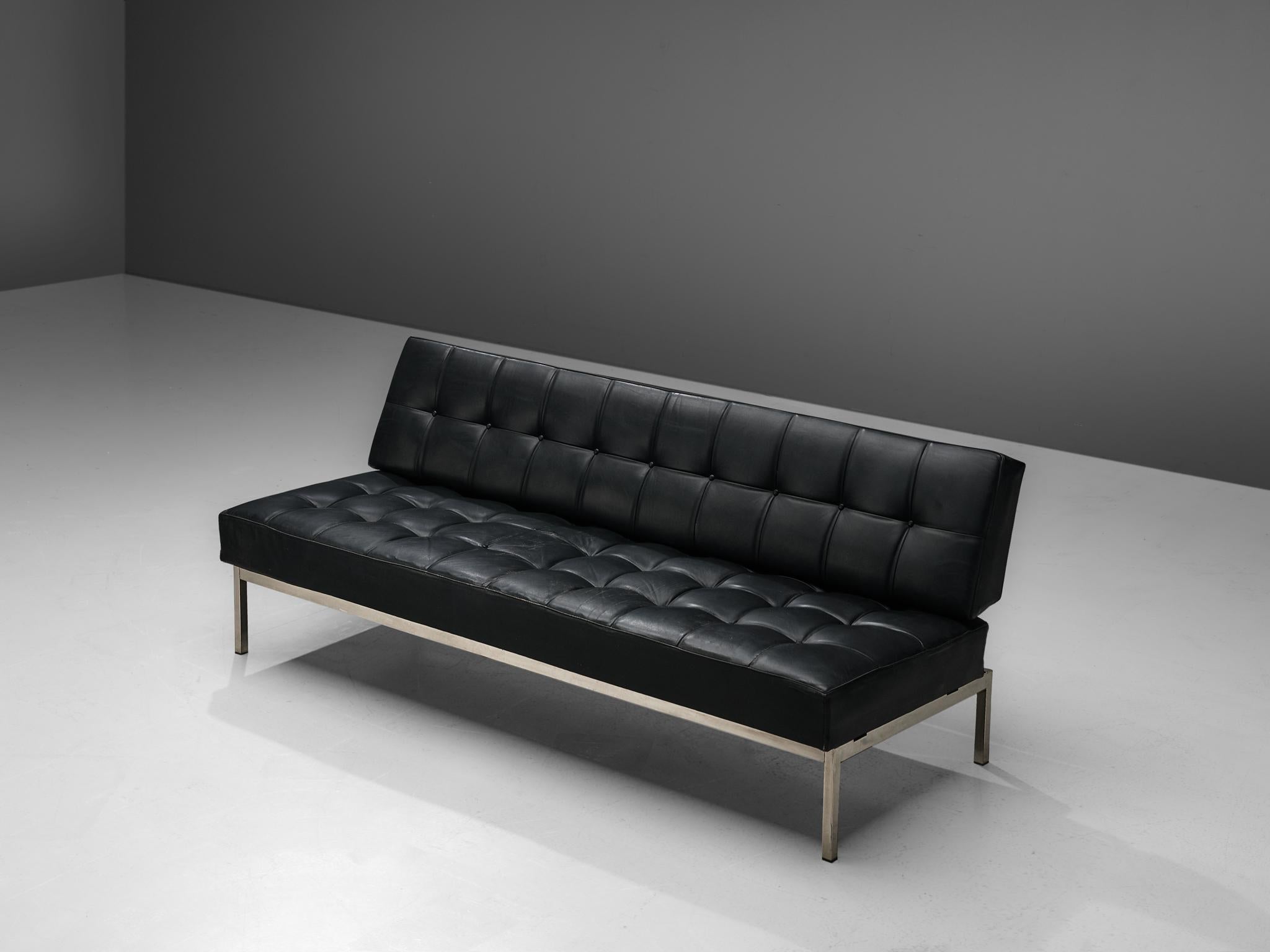 Johannes Spalt for Wittmann, sofa or daybed, leather, chrome-plated steel, Austria, 1960s.

This mid-century modern sofa is designed by the talented Austrian furniture designer Johannes Spalt. The design is characterized by a solid construction
