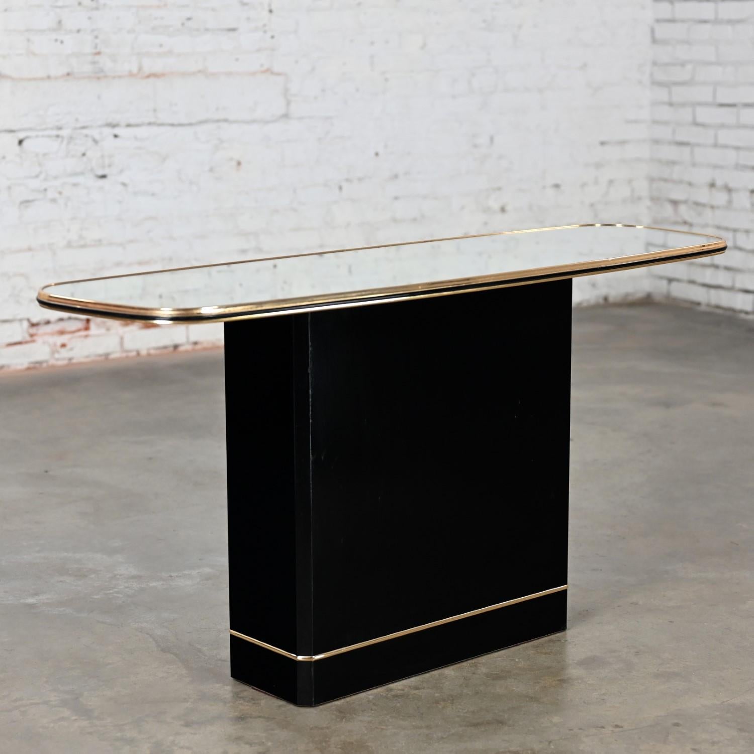 Postmodern Sofa or Console Table with Mirror Top & Black Lacquered Pedestal Base 9