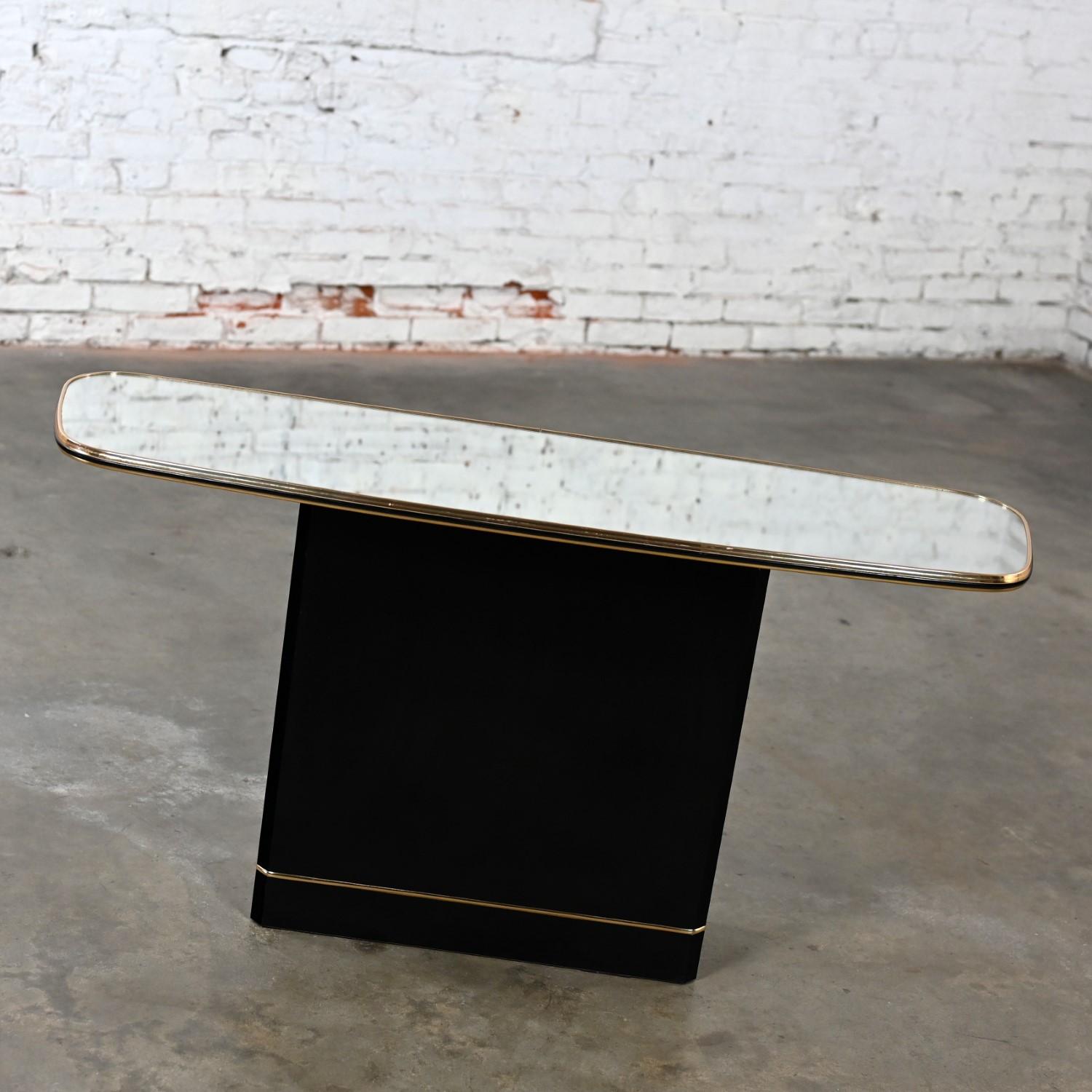 Postmodern Sofa or Console Table with Mirror Top & Black Lacquered Pedestal Base 10