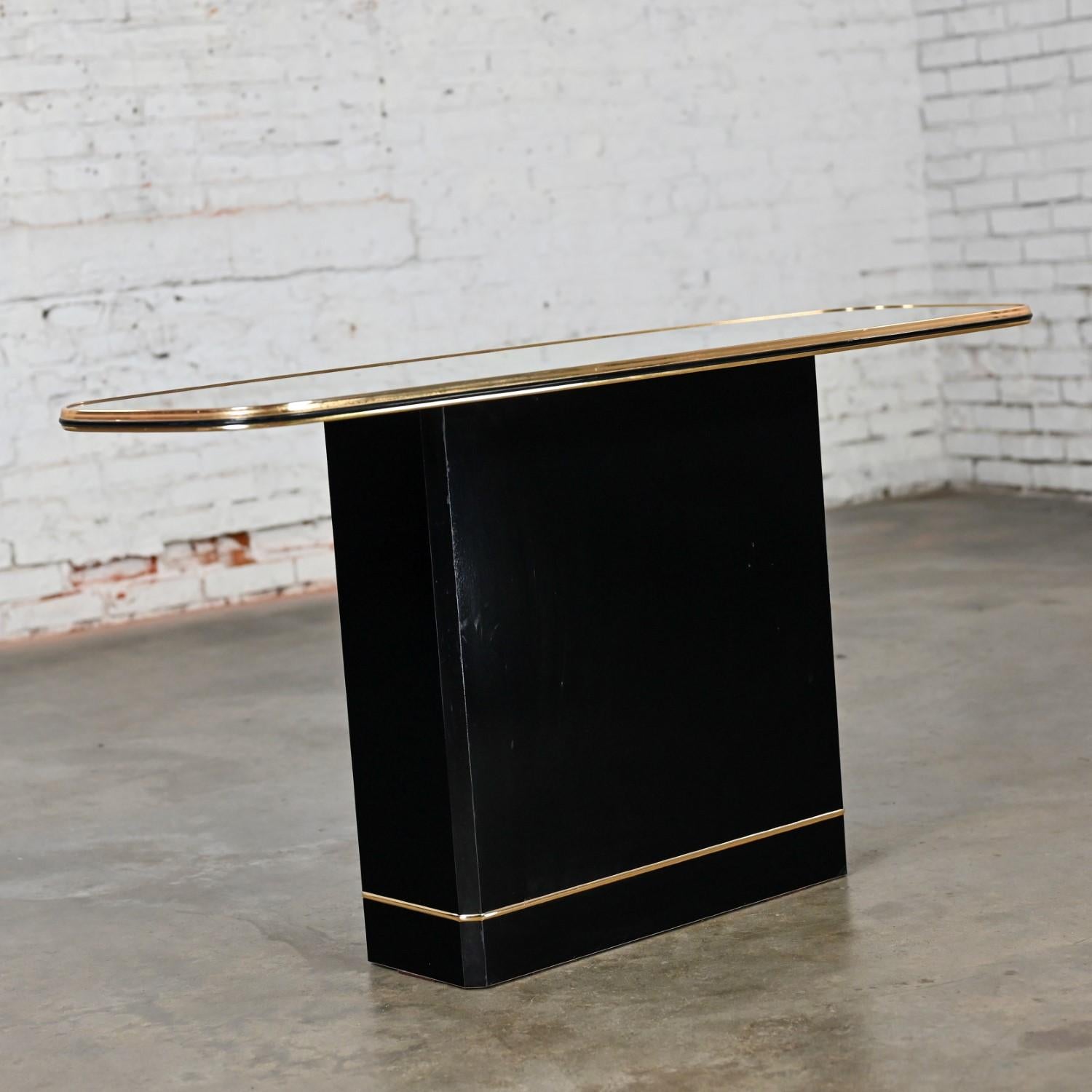 Post-Modern Postmodern Sofa or Console Table with Mirror Top & Black Lacquered Pedestal Base
