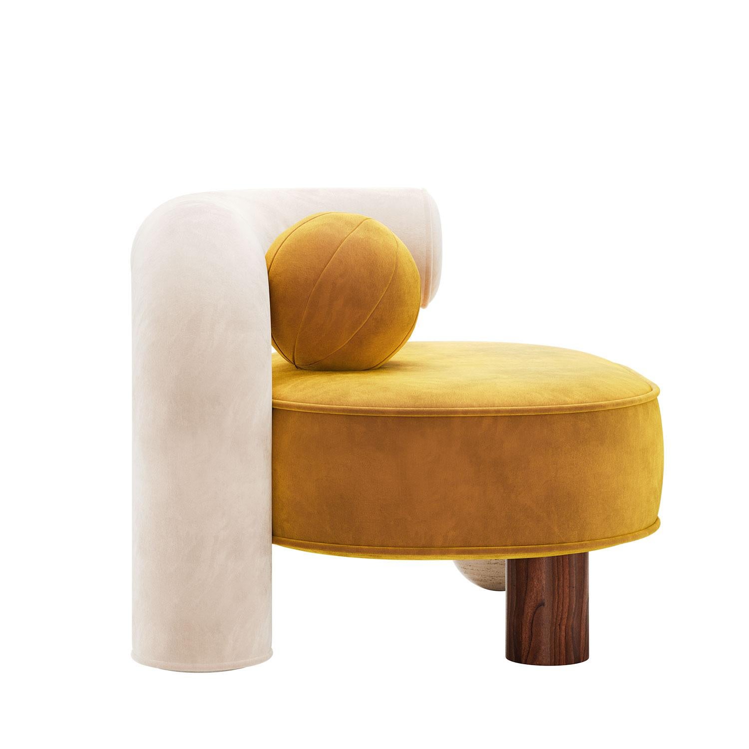 Sillón posmoderno Soleil de terciopelo amarillo, madera y travertino de Mavo Atelier Portugués en venta