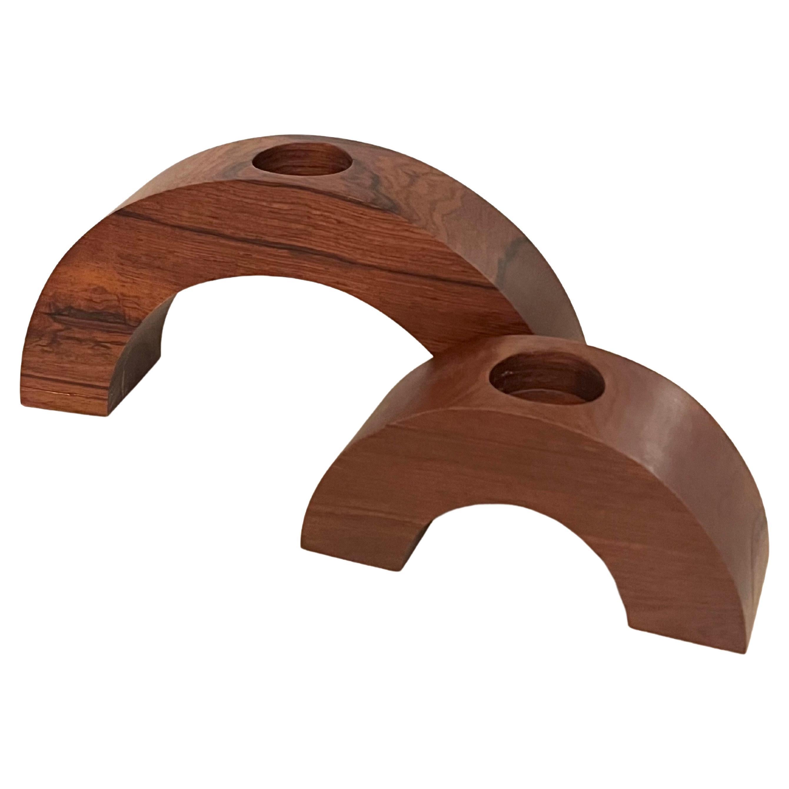 Post-Modern Postmodern Solid Polished Rosewood Pair of Candleholders Arch For Sale