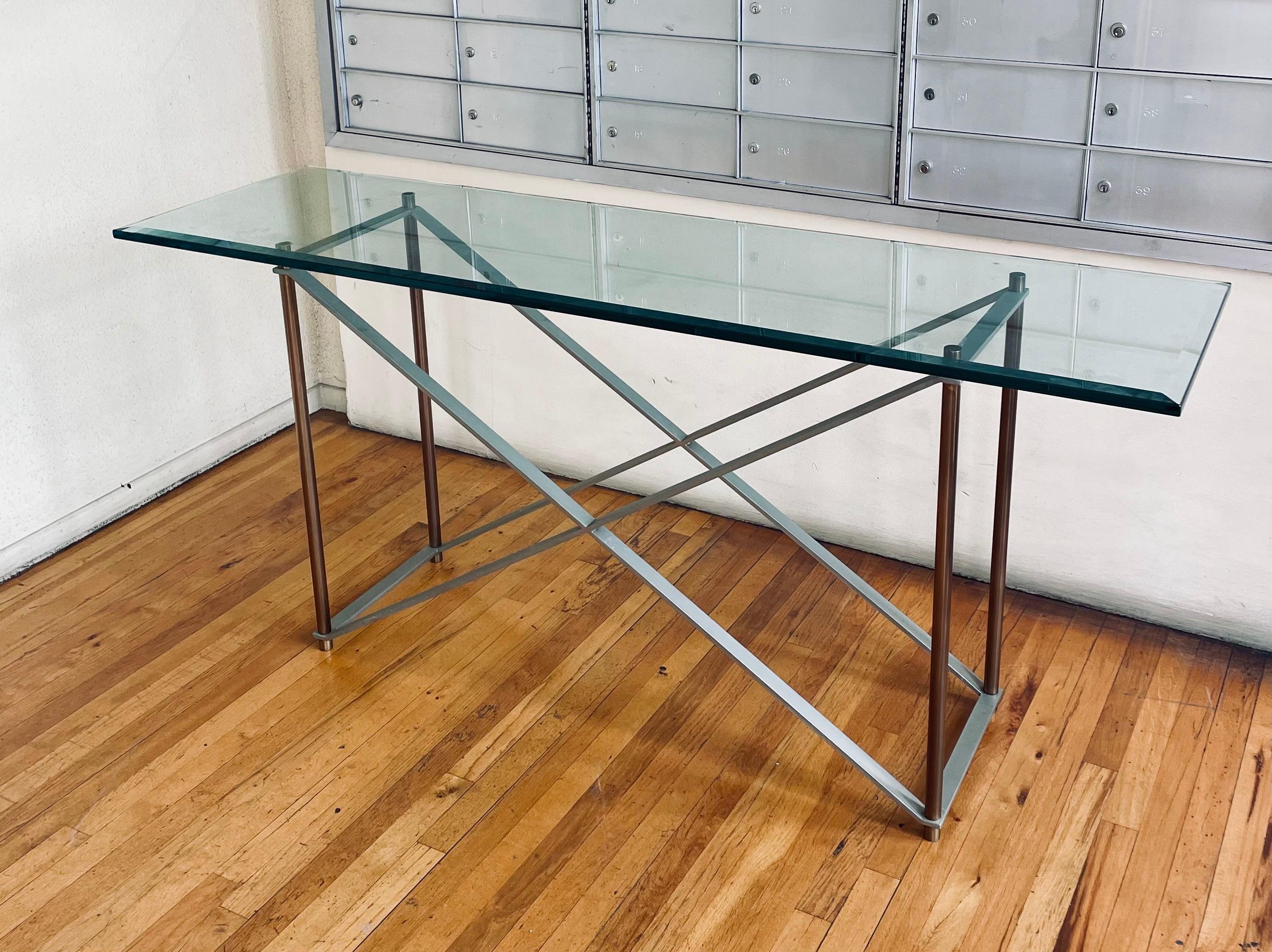 Great quality simple design on this solid steel and solid brass round pipes, with glass top console table base. great quality solid and sturdy we can sell the base with or without the glass, the base by itself its 15