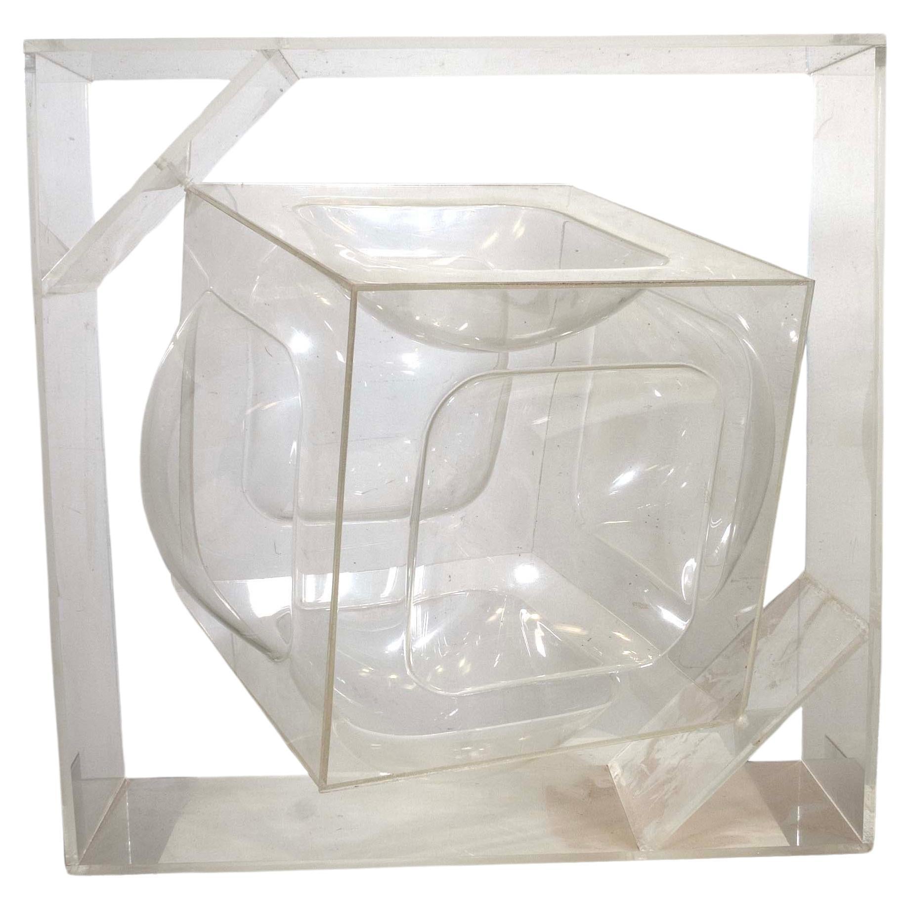  Postmodern Space Age Mod Lucite Acrylic Floating and Rotating Cube Sculpture