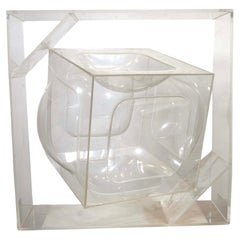  Postmodern Space Age Mod Lucite Acrylic Floating and Rotating Cube Sculpture