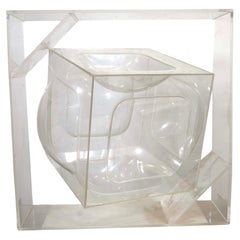 Postmodern Space Age Mod Lucite Acrylic Floating and Rotating Cube Sculpture