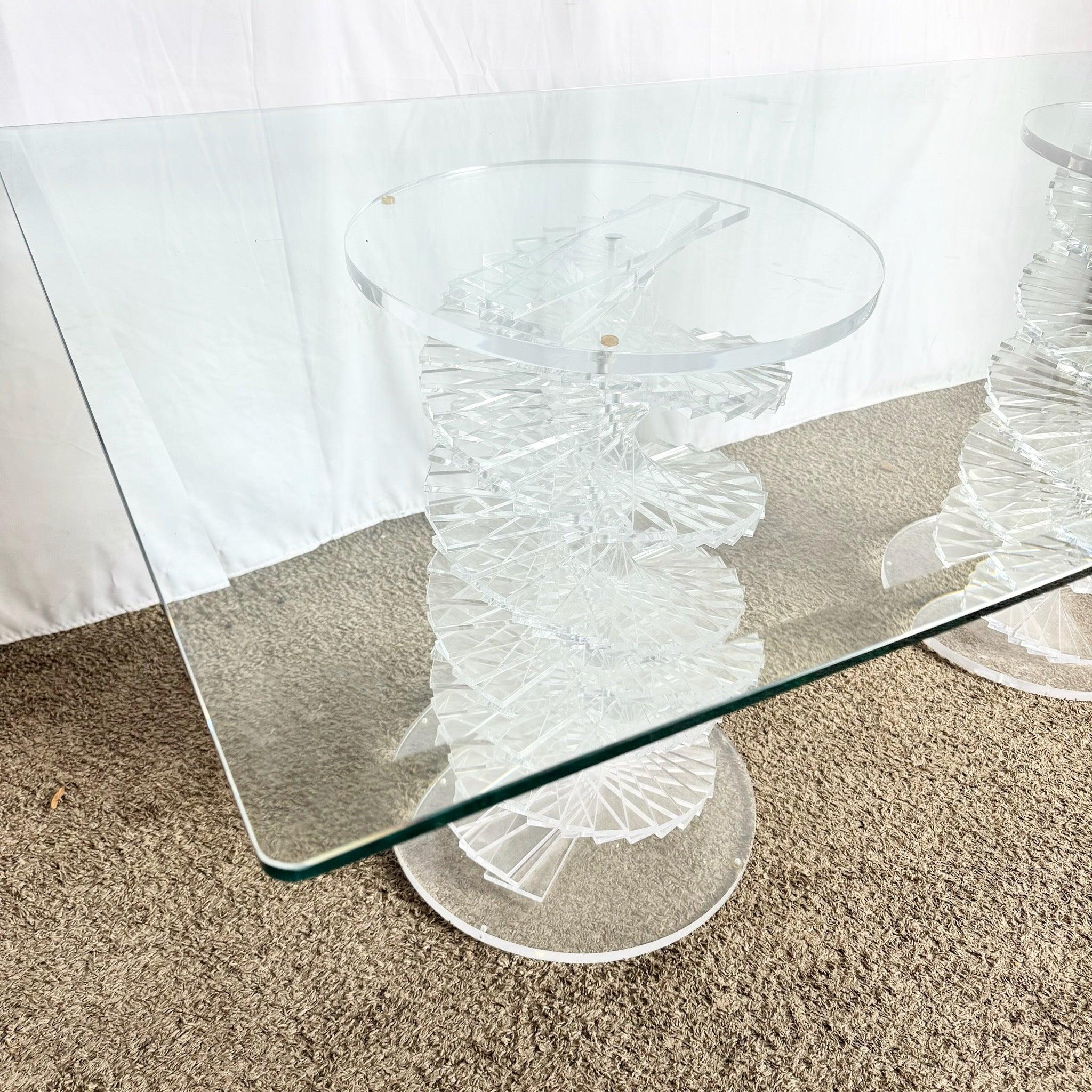 Late 20th Century Postmodern Spiral Stacked Lucite Glass Top Dining Table For Sale