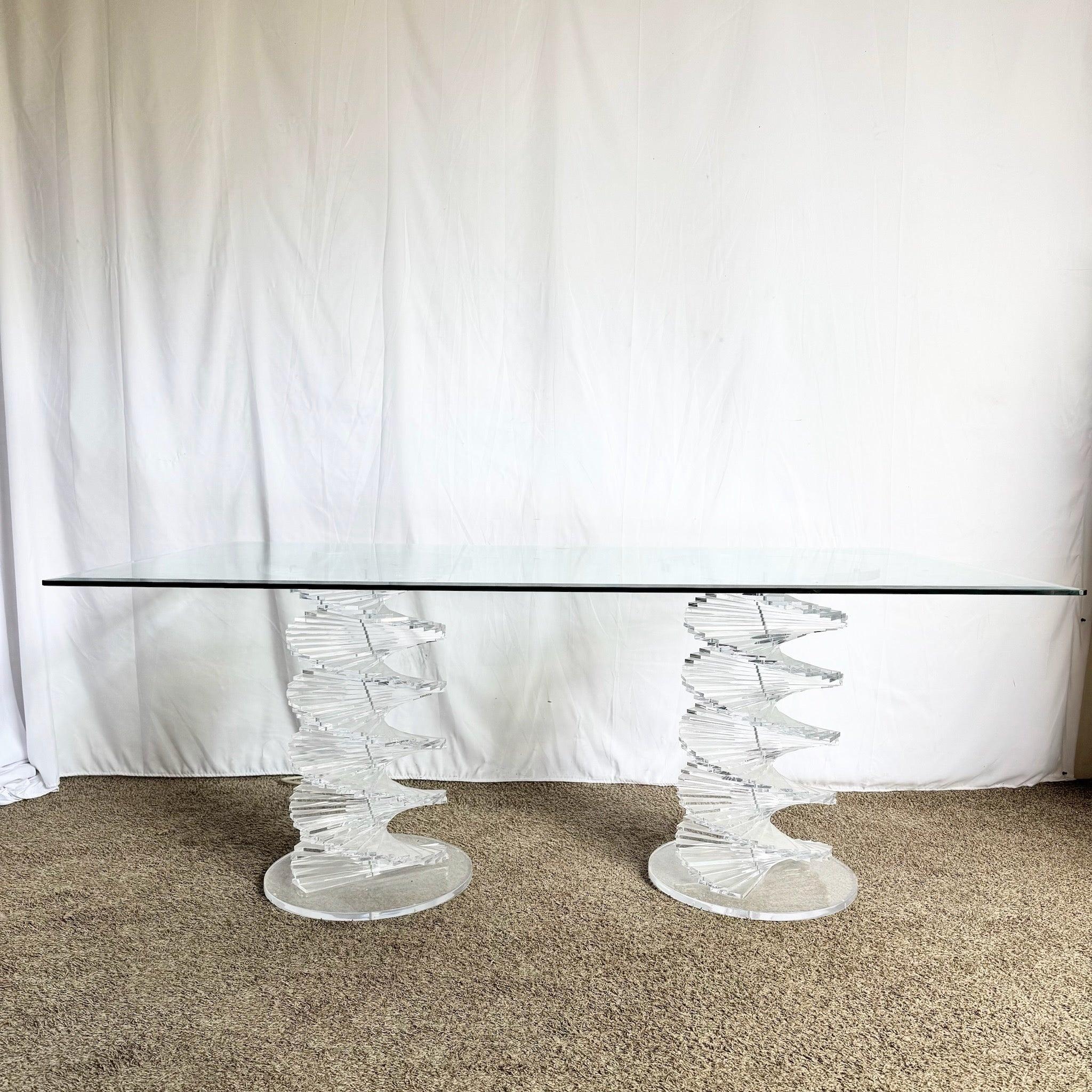 Postmodern Spiral Stacked Lucite Glass Top Dining Table For Sale 2