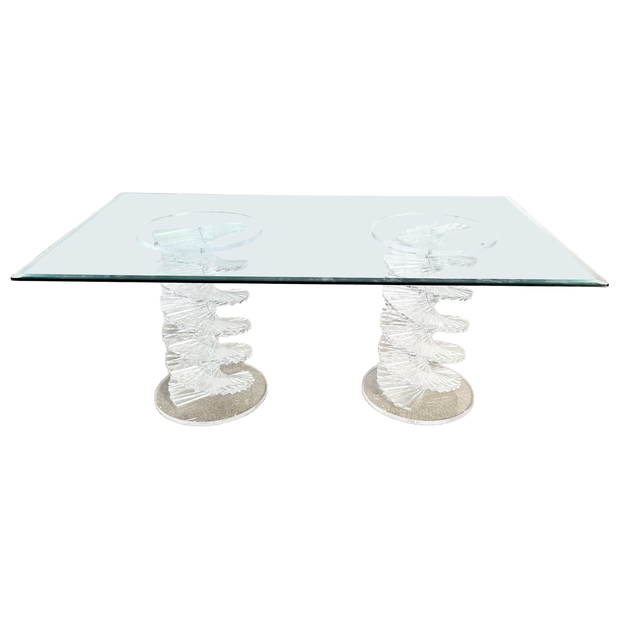 Tavolo da pranzo postmoderno con piano in vetro Lucite impilato a spirale in vendita