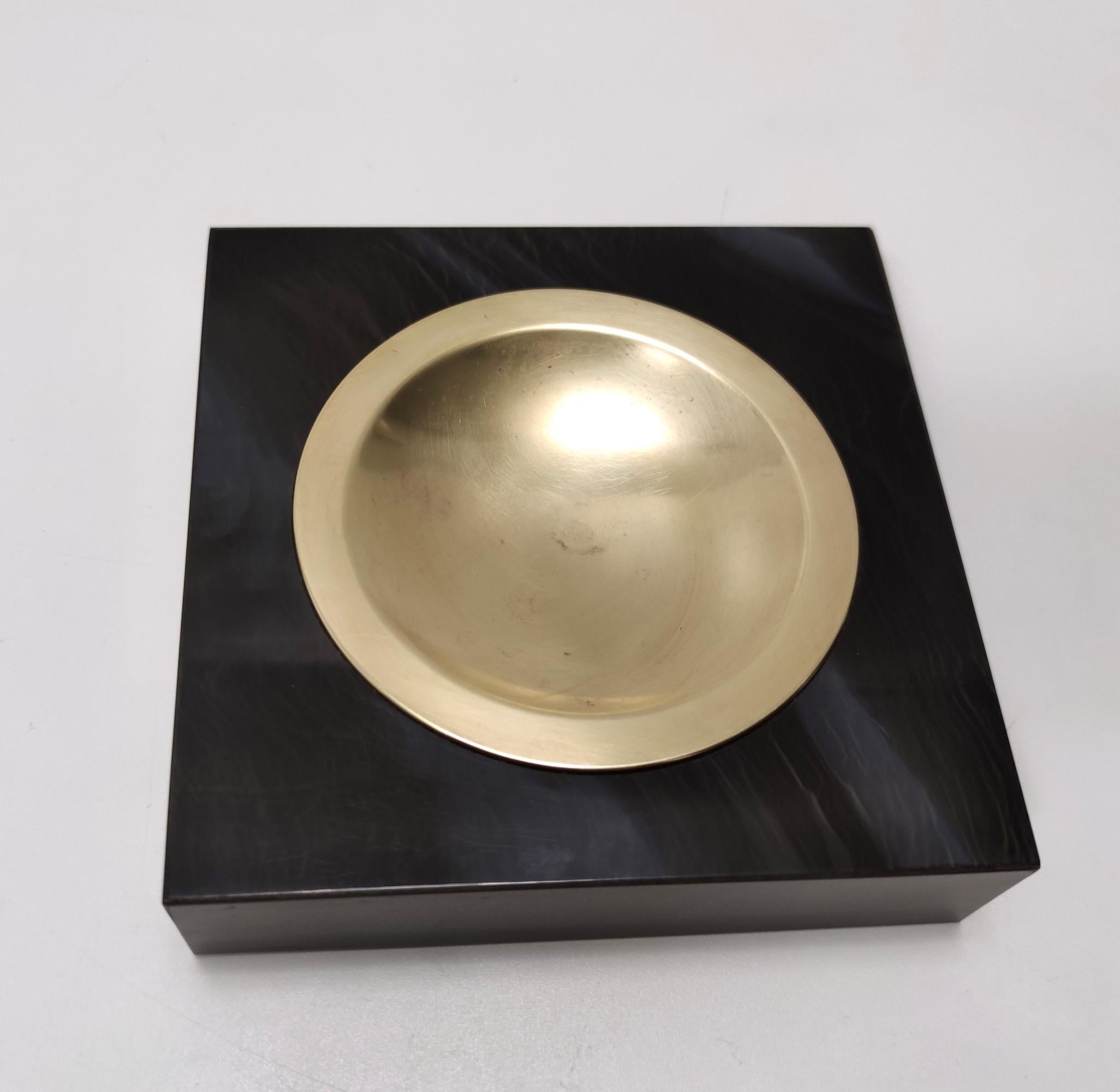 Italian Postmodern Square Brass and Faux Black Marble Ashtray by Willy Rizzo, Italy For Sale