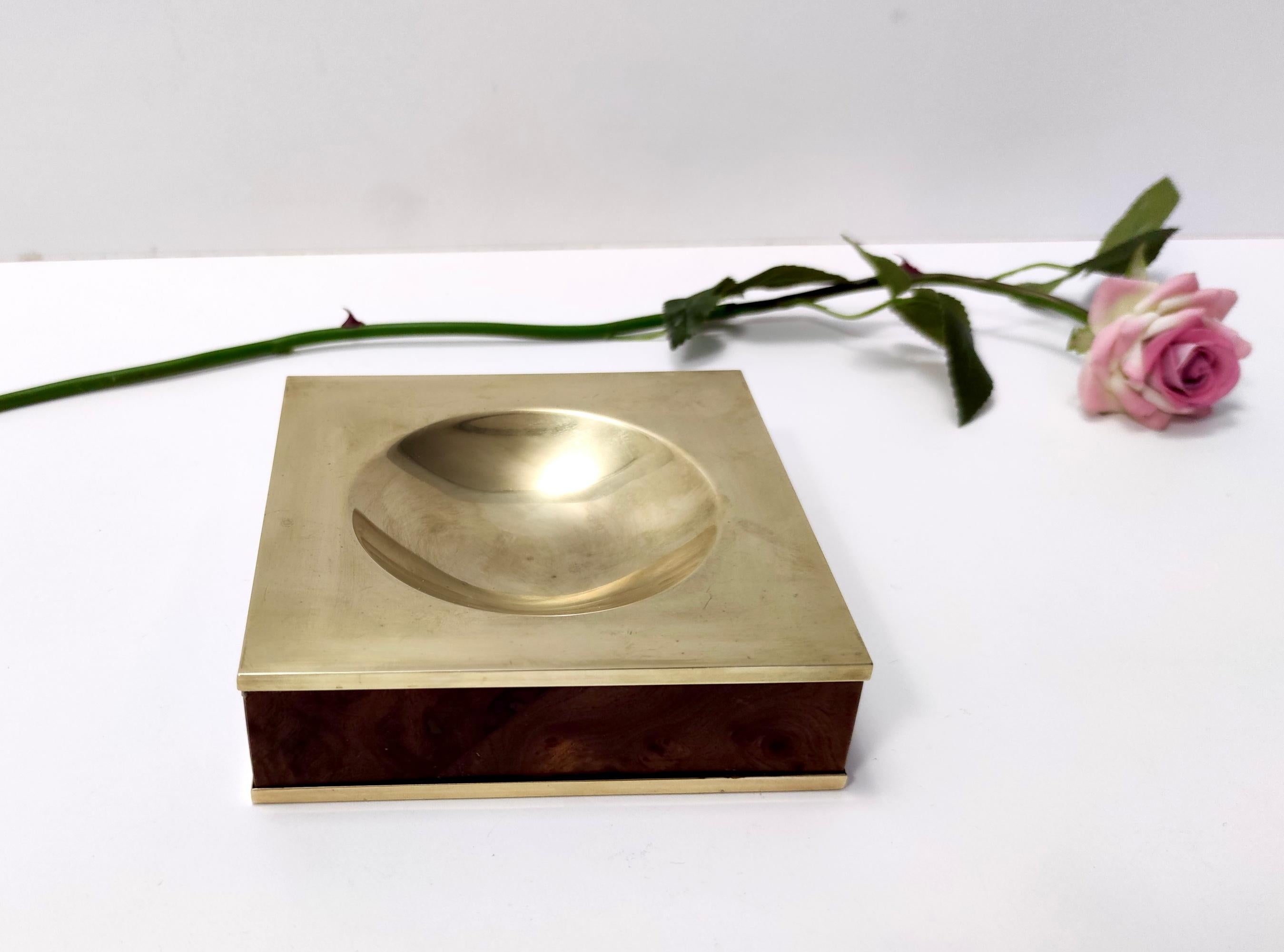 Post-Modern Postmodern Square Brass and Walnut Ashtray, Italy 1980s