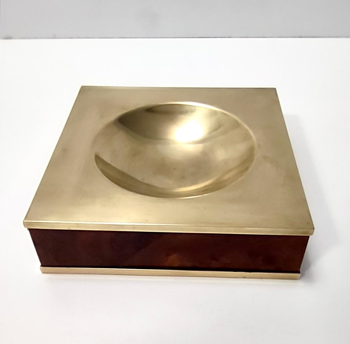 Italian Postmodern Square Brass and Walnut Ashtray, Italy 1980s