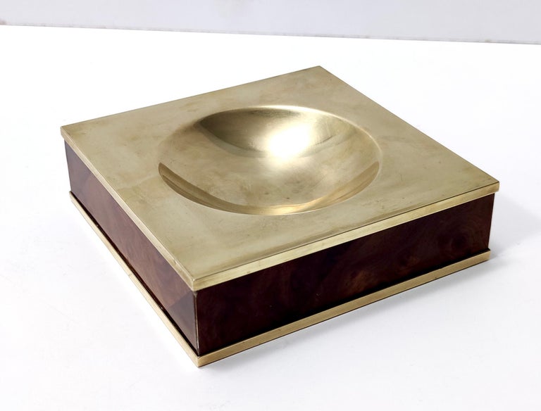 Late 20th Century Postmodern Square Brass and Walnut Ashtray, Italy 1980s For Sale