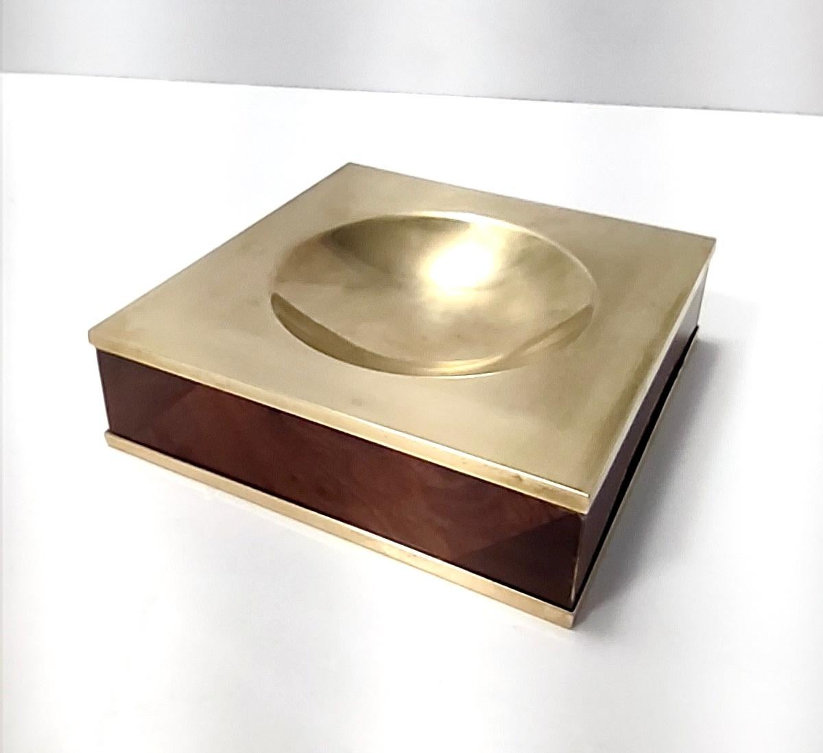 Postmodern Square Brass and Walnut Ashtray, Italy 1980s 1