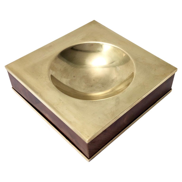 Postmodern Square Brass and Walnut Ashtray, Italy 1980s For Sale
