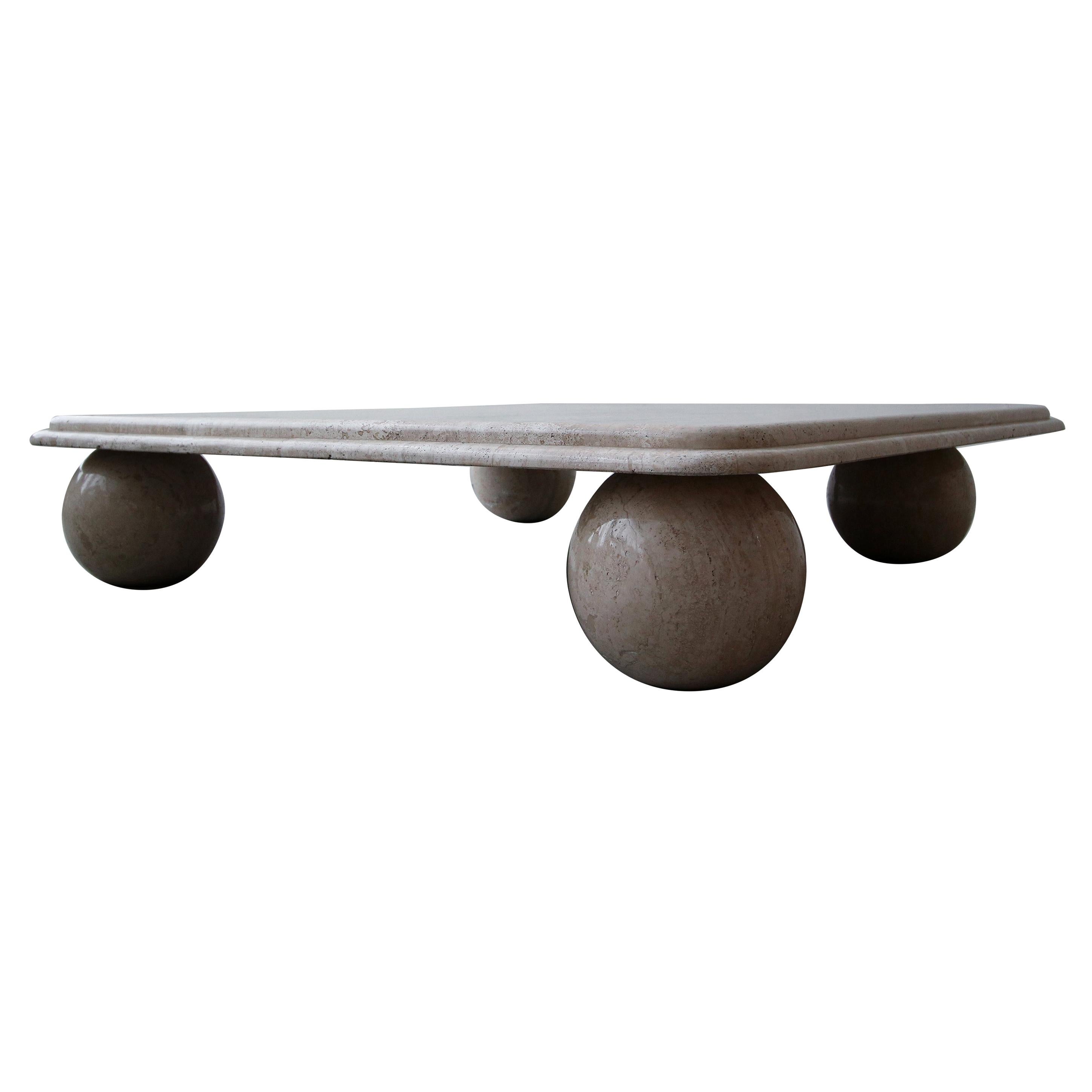 Postmodern Square Low Profile Travertine Coffee Table Round Ball Legs