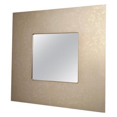 Postmodern Square Wall Mirror with Floral Motifs on Beige Metal Frame, Italy