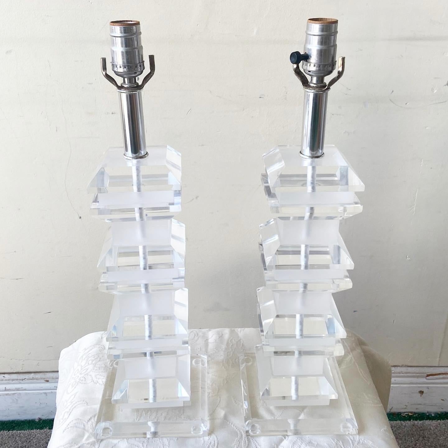 Post-Modern Postmodern Stacked Lucite Table Lamps - a Pair