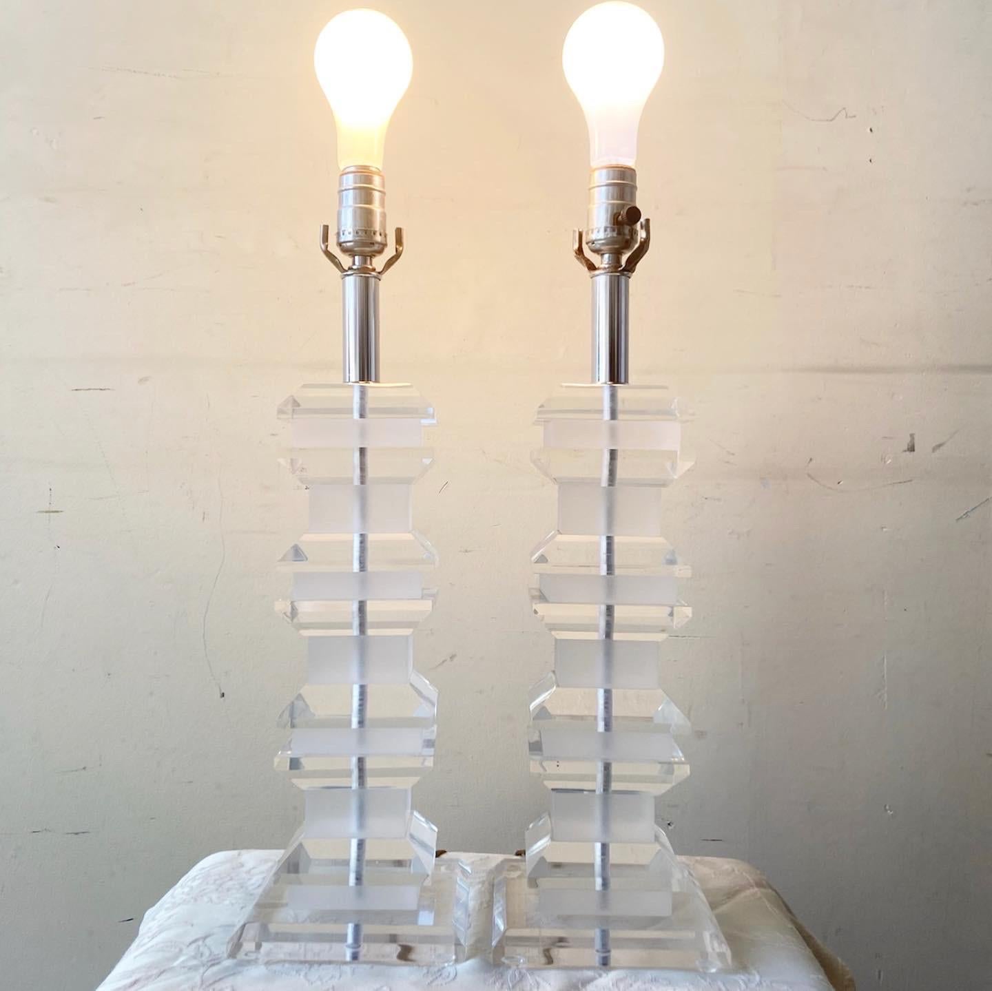 American Postmodern Stacked Lucite Table Lamps - a Pair