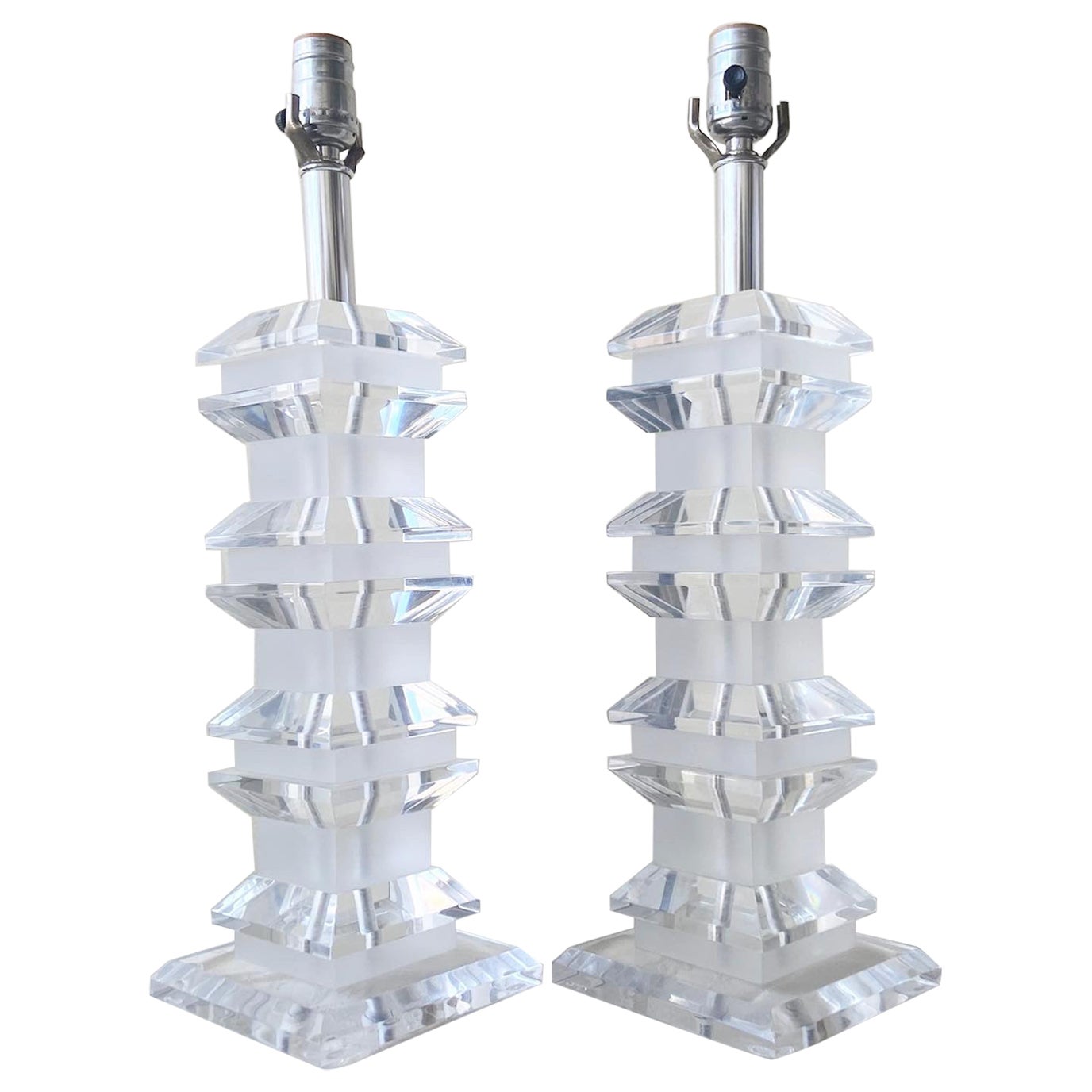 Postmodern Stacked Lucite Table Lamps, Set of 2