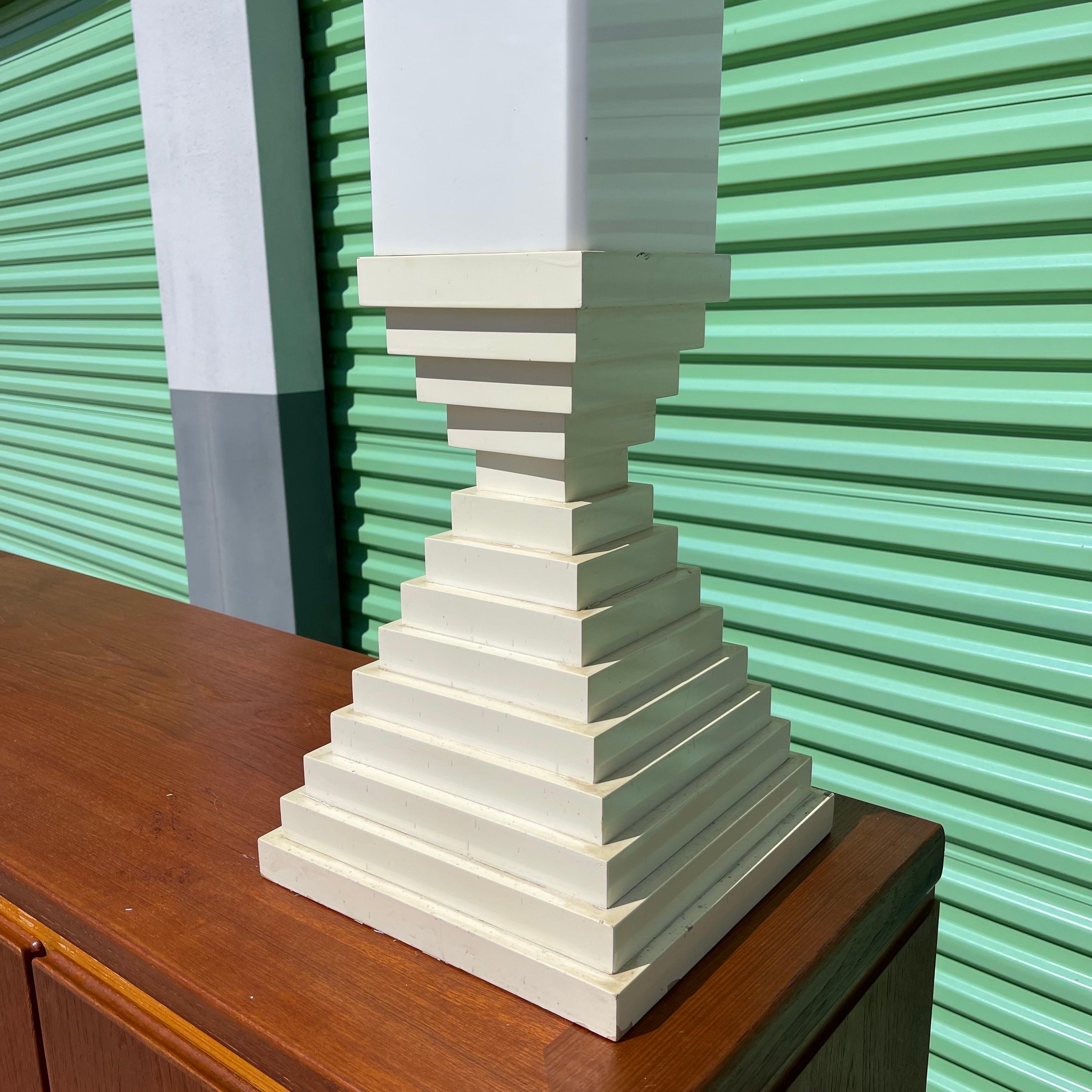 Fabulous postmodern stacked block lamp. Custom acrylic shade has been made, can also be used with harp and shade already attached.