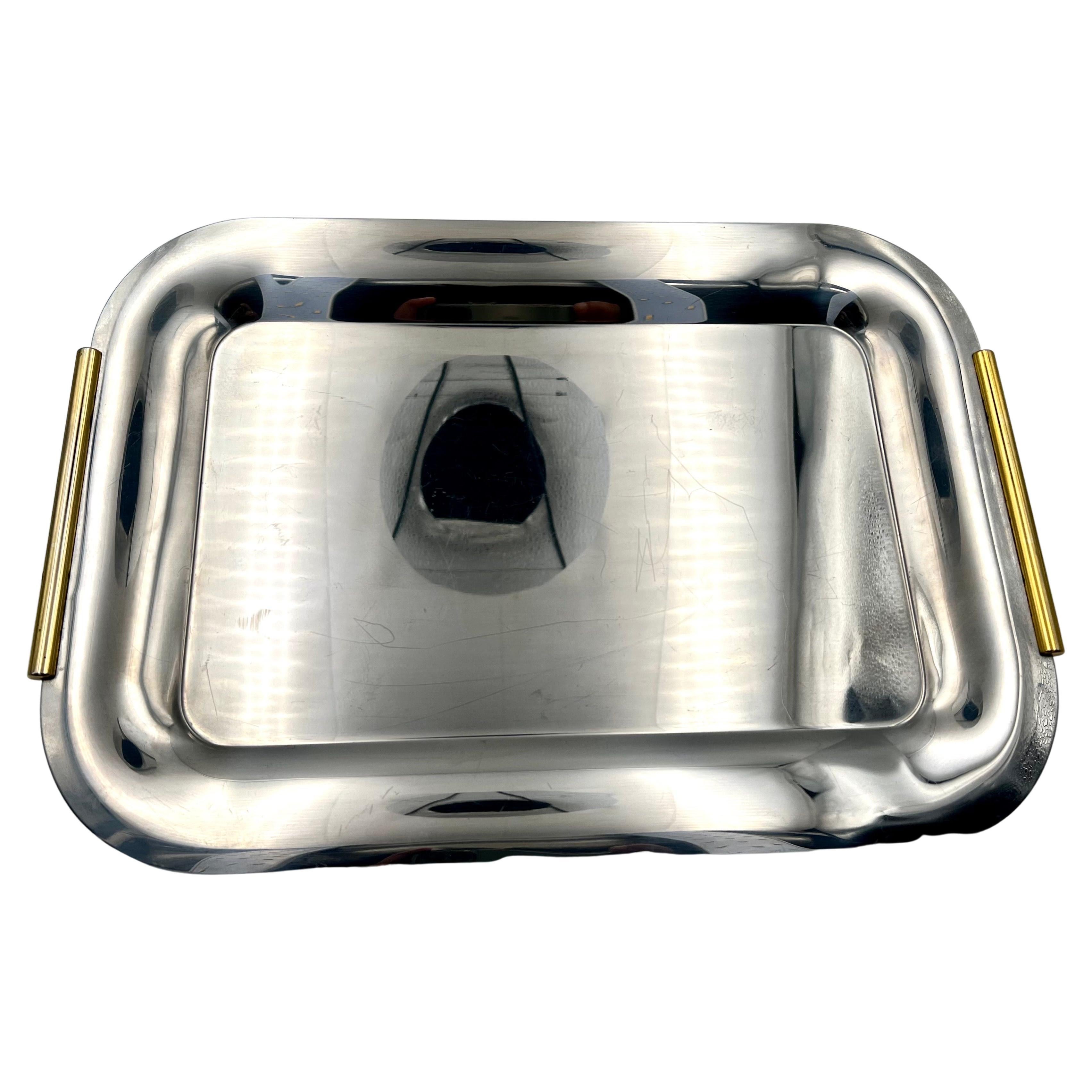 Postmodern Stainless Steel & Brass Italian Serving Tray by Inoxbeck In Good Condition In San Diego, CA
