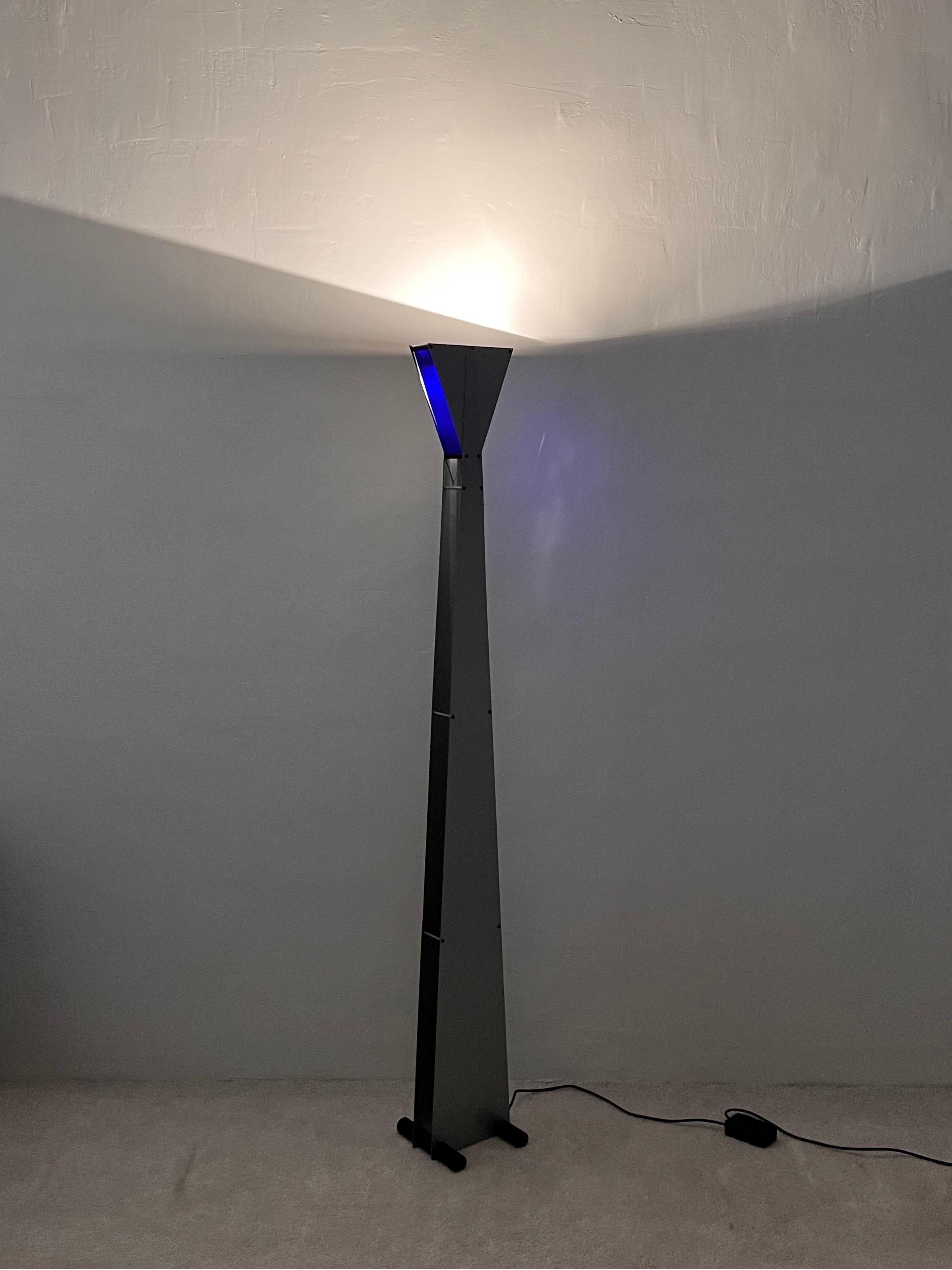 Postmodern Steel and Blue Glass Torchiere Floor Lamp, 1980s For Sale 4