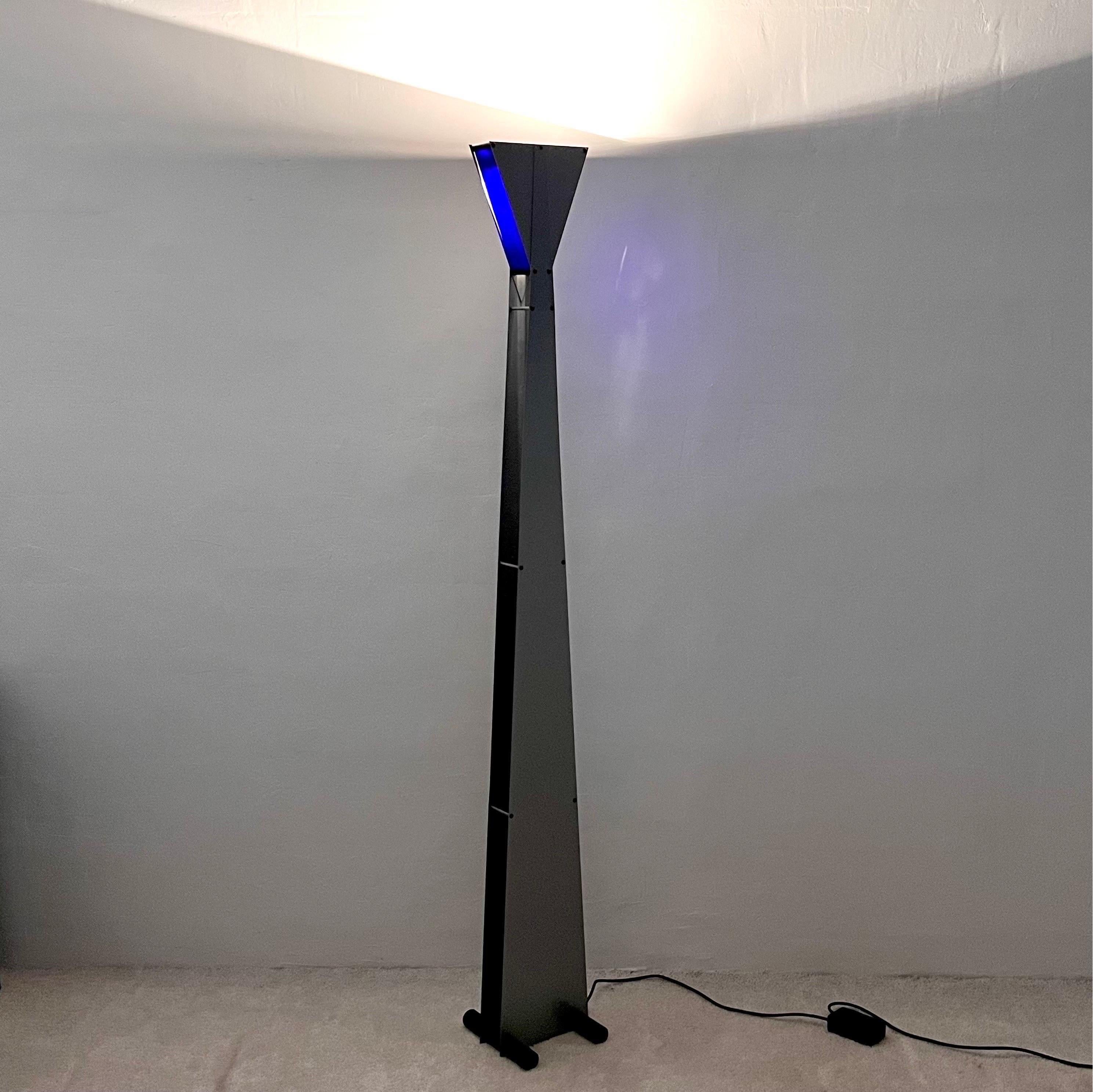 Postmodern Steel and Blue Glass Torchiere Floor Lamp, 1980s For Sale 6