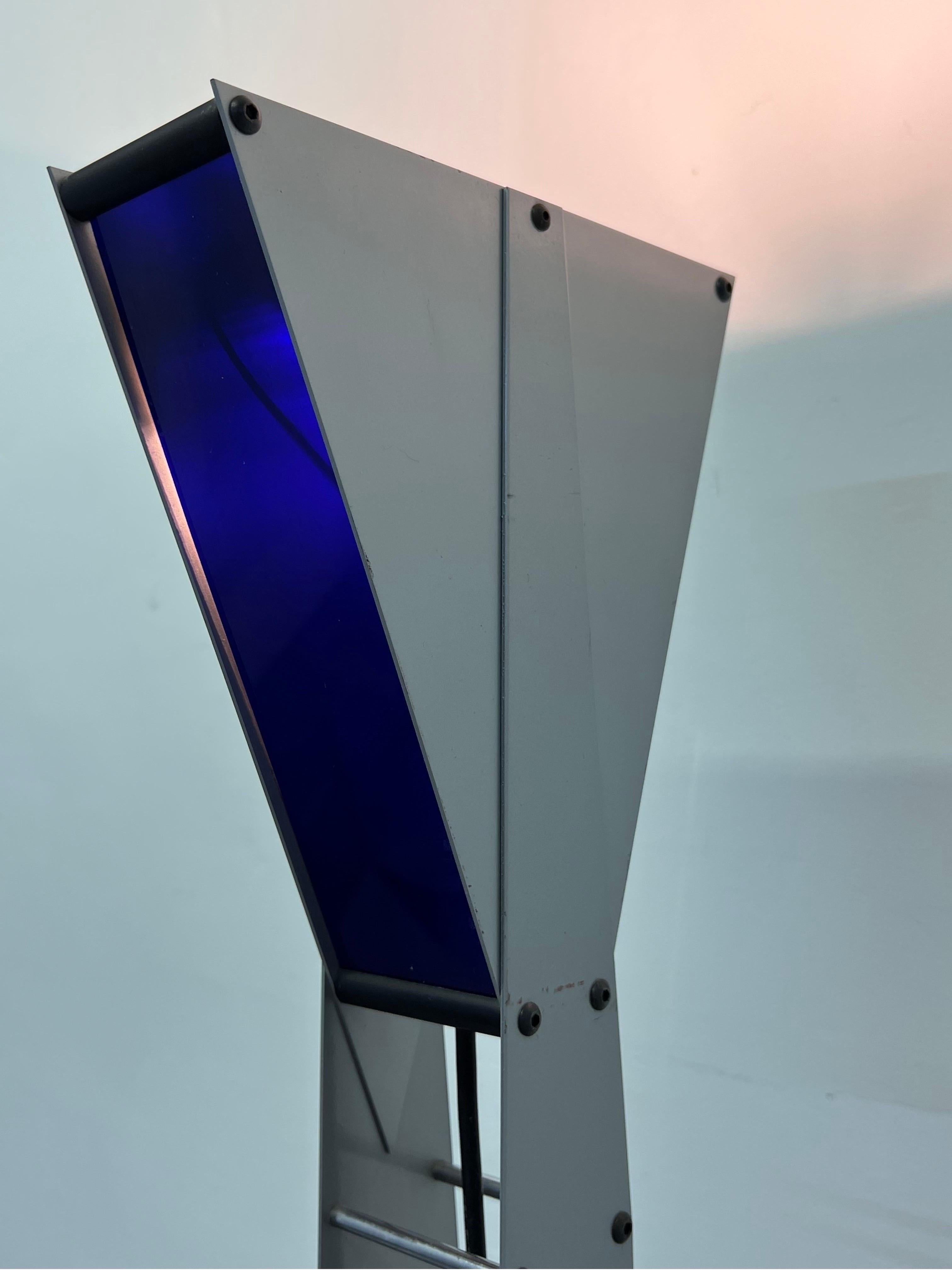 Postmodern Steel and Blue Glass Torchiere Floor Lamp, 1980s For Sale 9