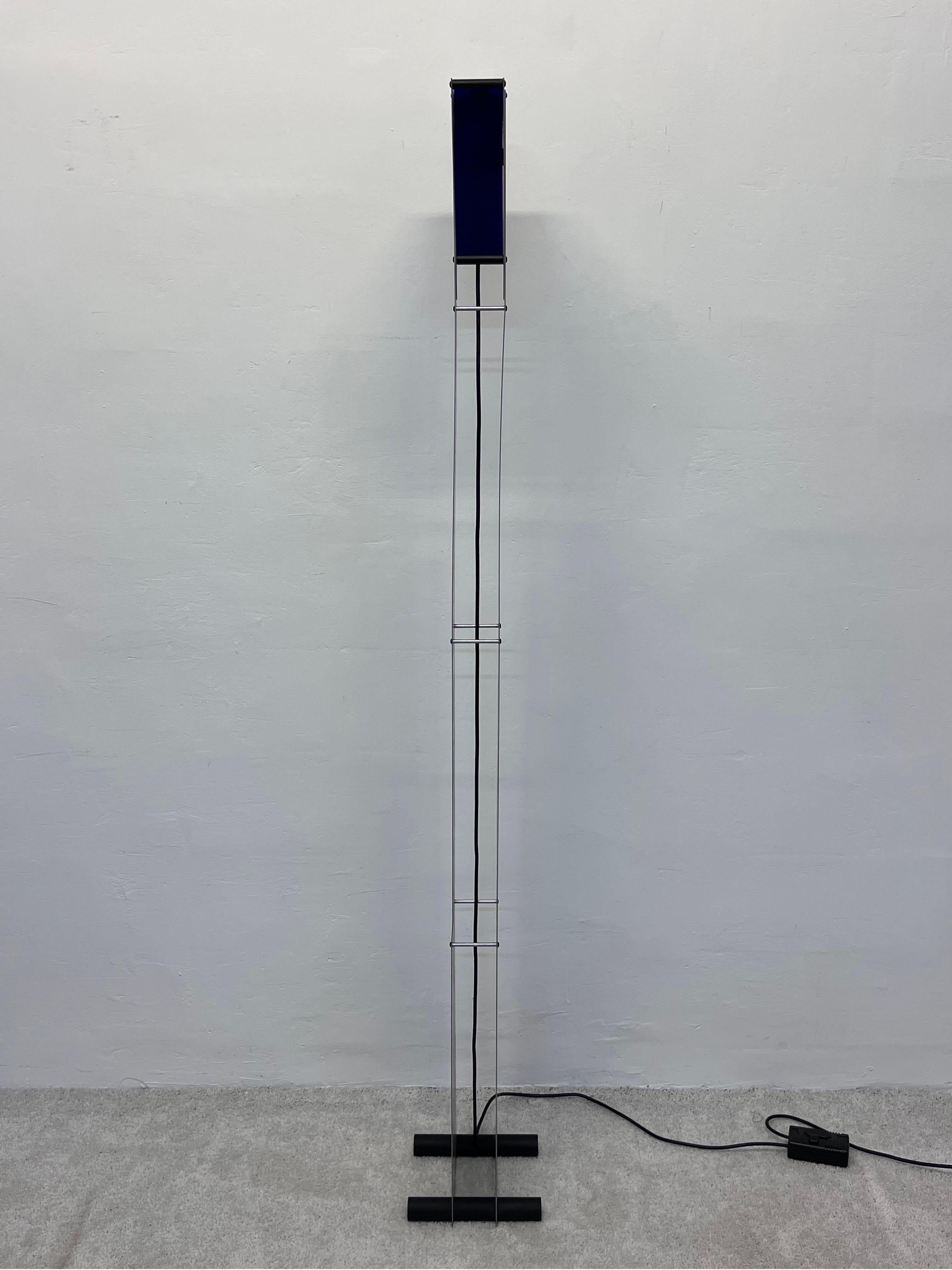 Post-Modern Postmodern Steel and Blue Glass Torchiere Floor Lamp, 1980s For Sale