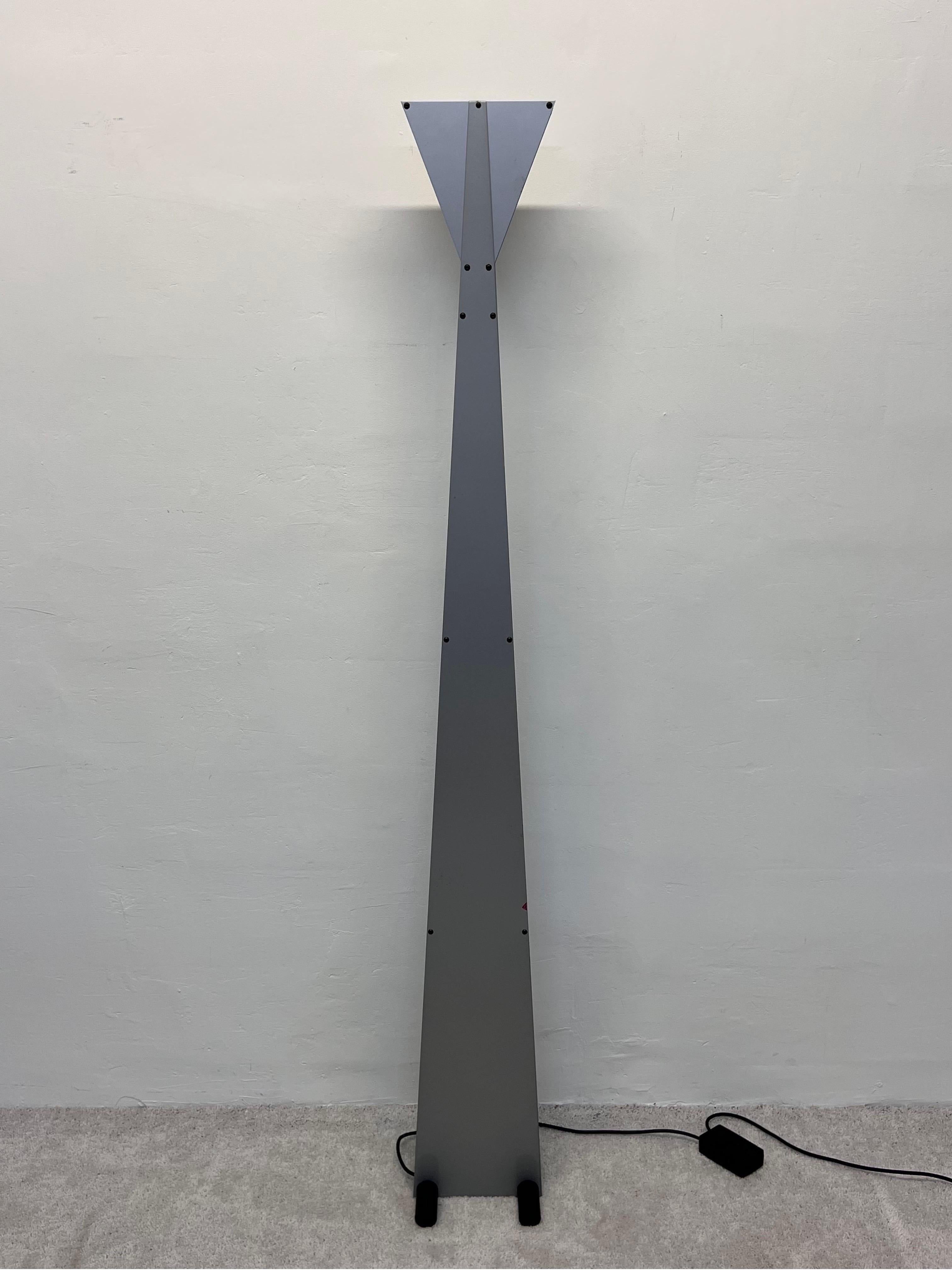 Italian Postmodern Steel and Blue Glass Torchiere Floor Lamp, 1980s For Sale