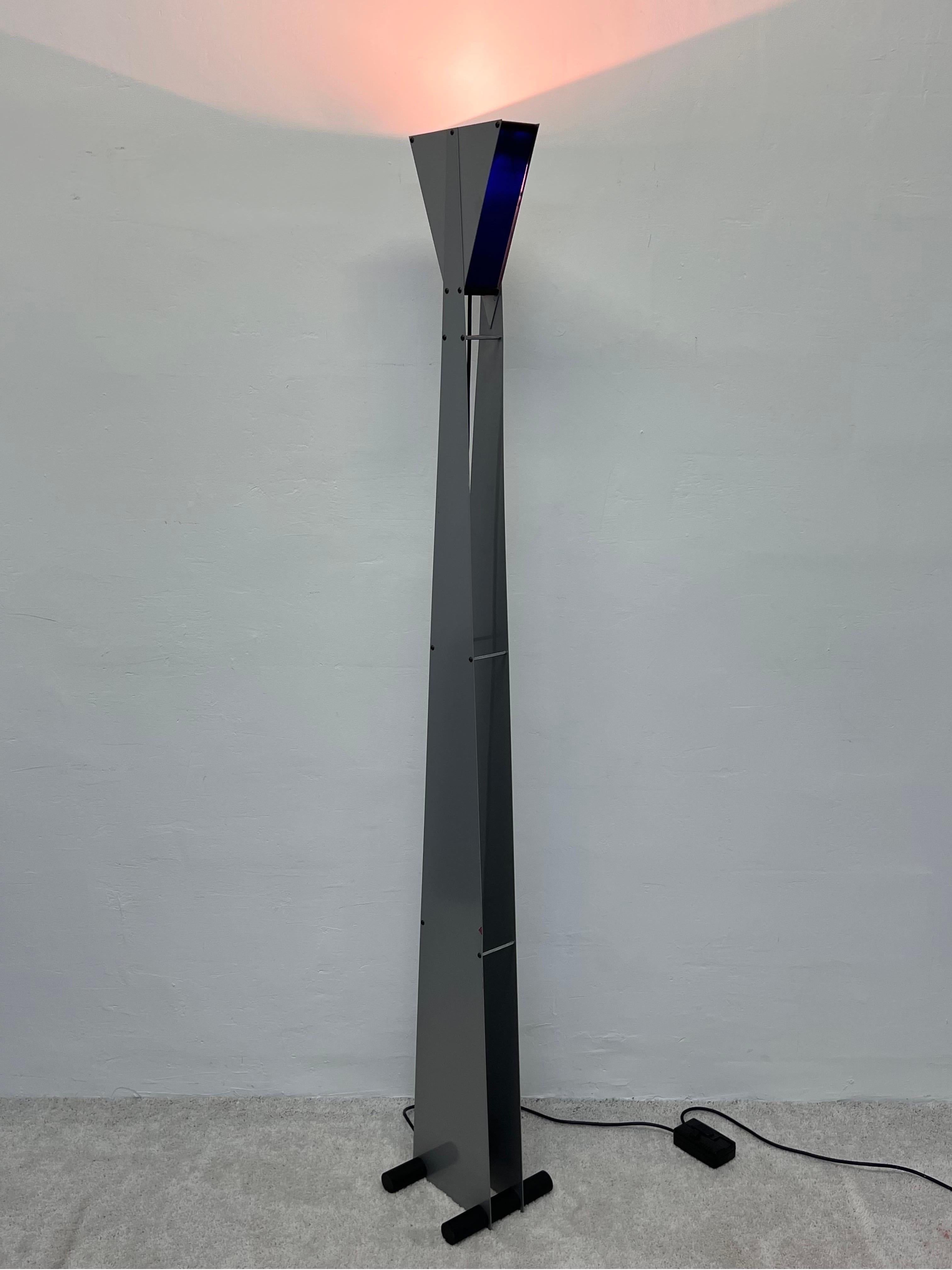 Postmodern Steel and Blue Glass Torchiere Floor Lamp, 1980s In Good Condition For Sale In Miami, FL
