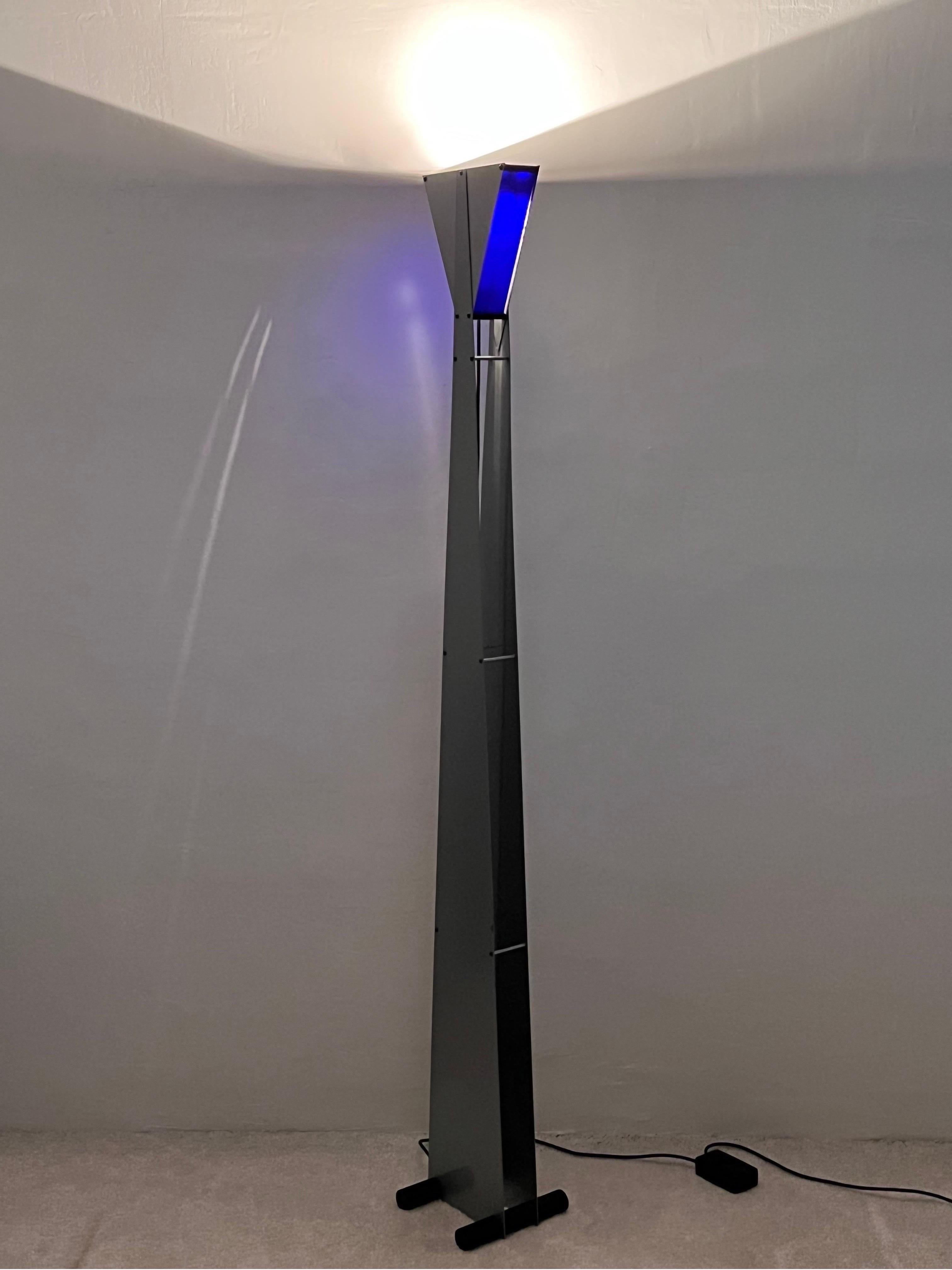 20th Century Postmodern Steel and Blue Glass Torchiere Floor Lamp, 1980s For Sale